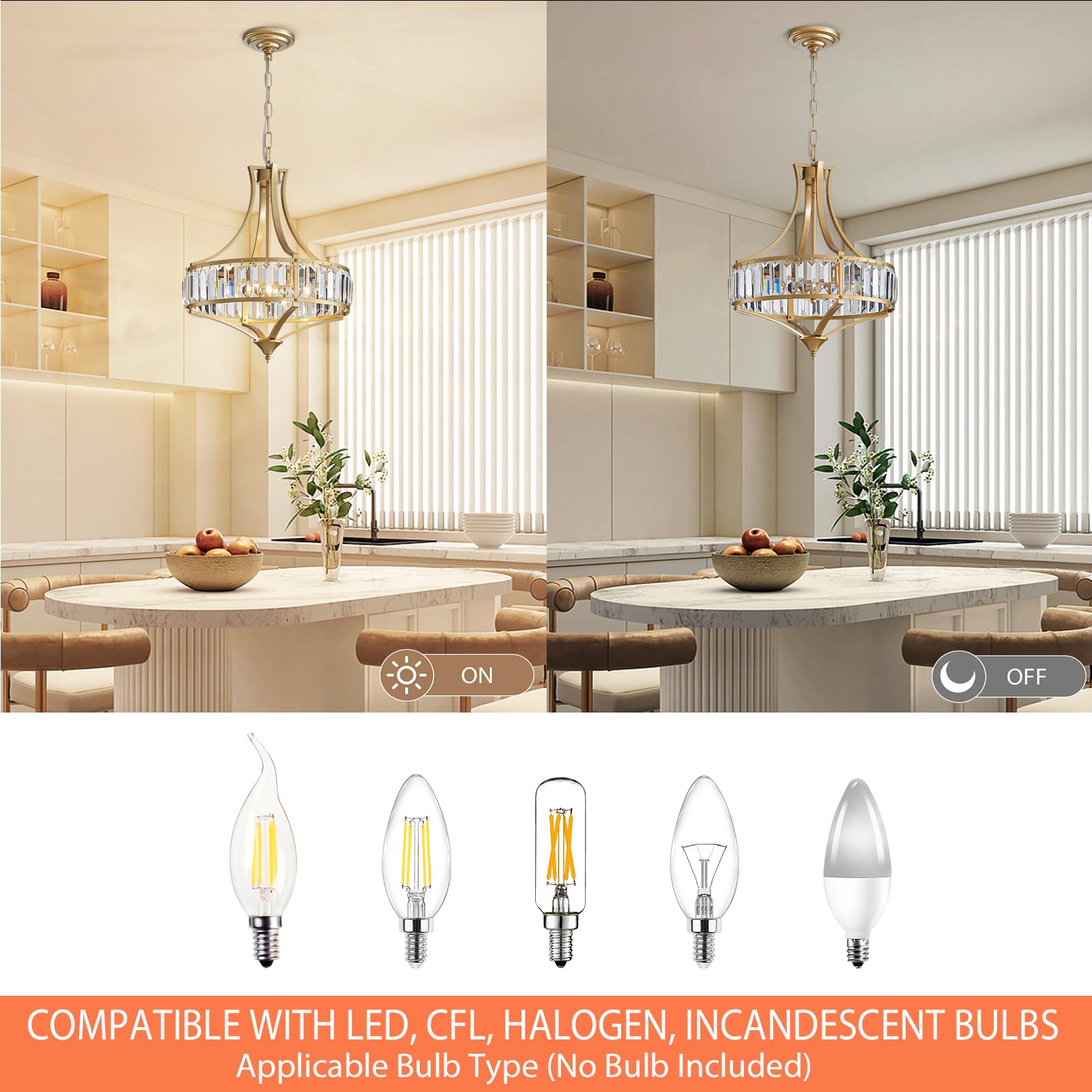 Majhoiw Modern Crystal Chandelier - 4-Light Gold Pendant for Dining Room, Rustic Design, Round Metal Lampshade, 15.7” Size