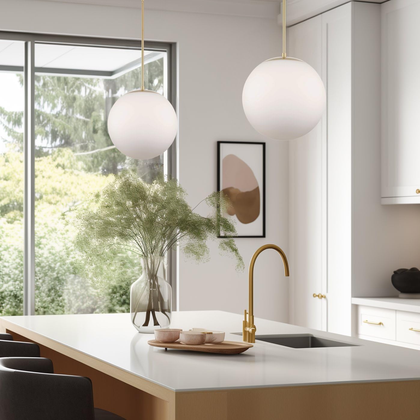 Kira Home Ceres 14" Mid-Century Modern Hanging Orb Pendant Light With Smooth Matte White Frosted Diffuser, Cool Brass Finish