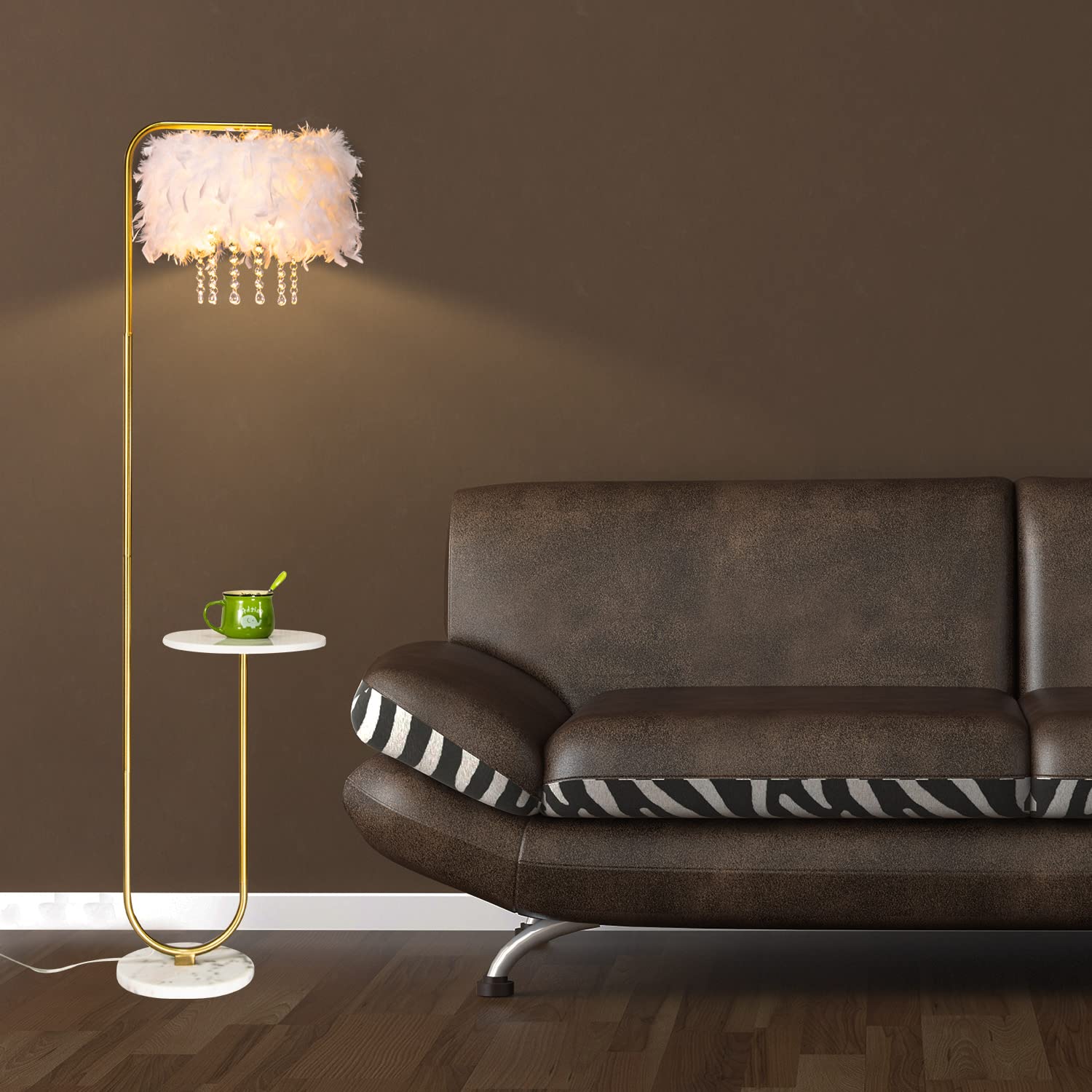 Beaysyty Unique Led White Feather Floor Lamp With Tray,Ostrich Feather Stand Lamp,Living Room Bedroom Office Shop Window Decorat