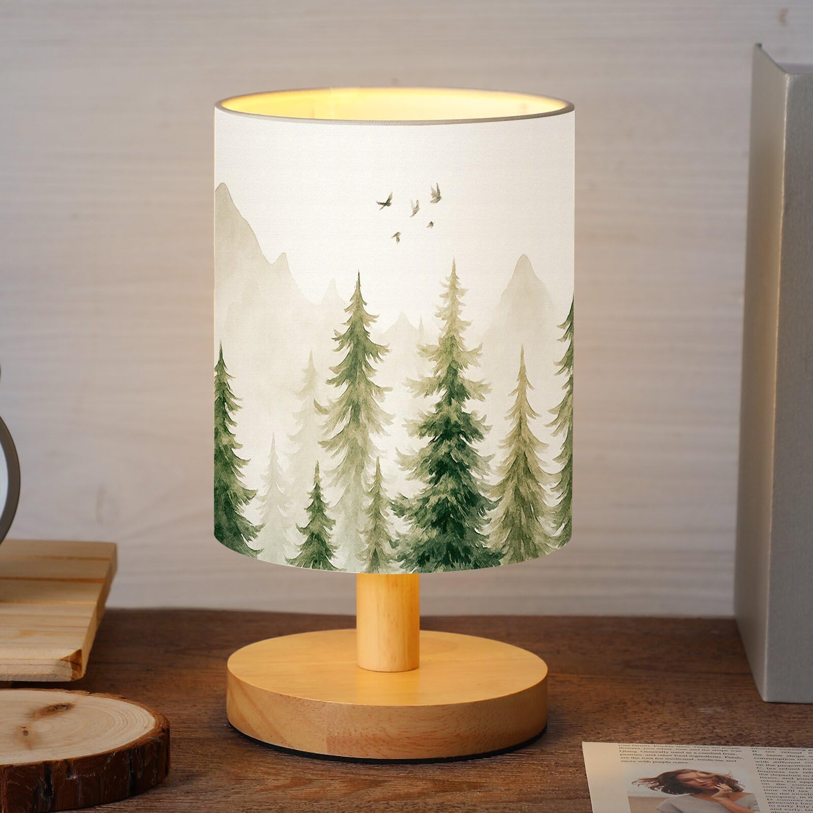 VIHOSE Pine Tree Bedside Table Lamp Forest Table Lamp Vintage Nightstand with Linen Fabric Shade Solid Wood Base Decoration for 