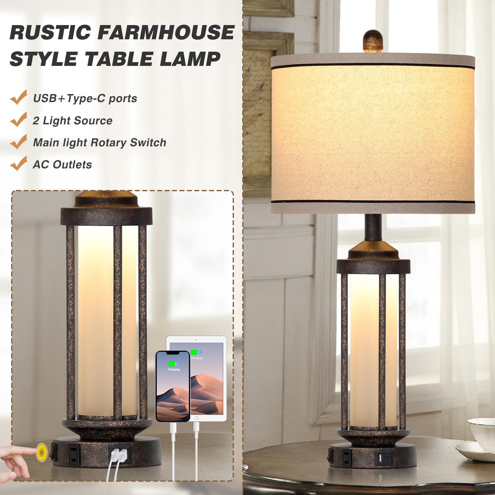 27'' Farmhouse Industrial Table Lamps, Vintage Rustic Retro Beside Lamps With Usb A+C Charging Ports & Ac Outlet, Modern Nightst