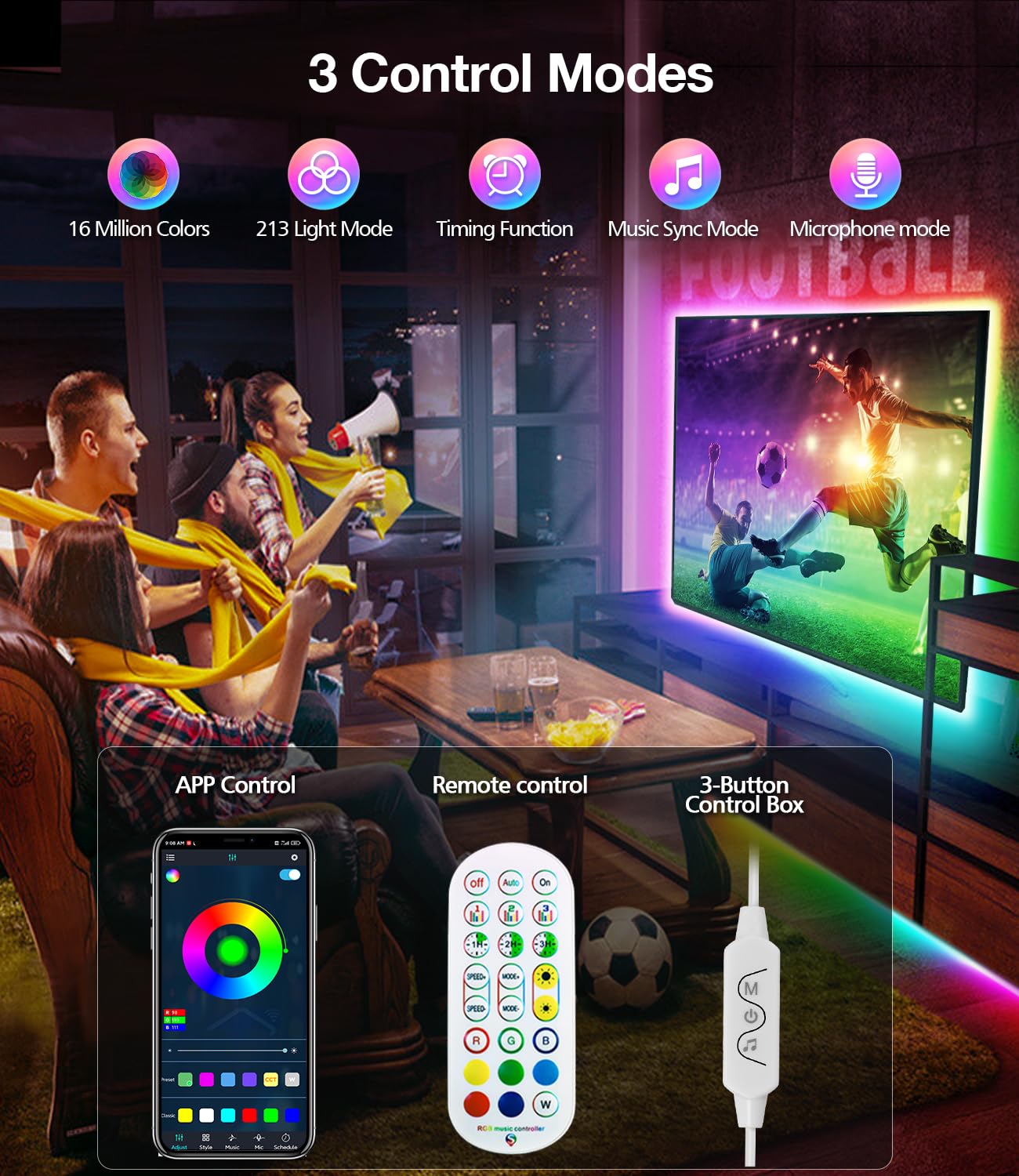 Daymeet RGB LED Backlight for TV, 16.4ft, Bluetooth APP Control, Sync with Music, Model XR-BT-10-5-US, Dreamcolor