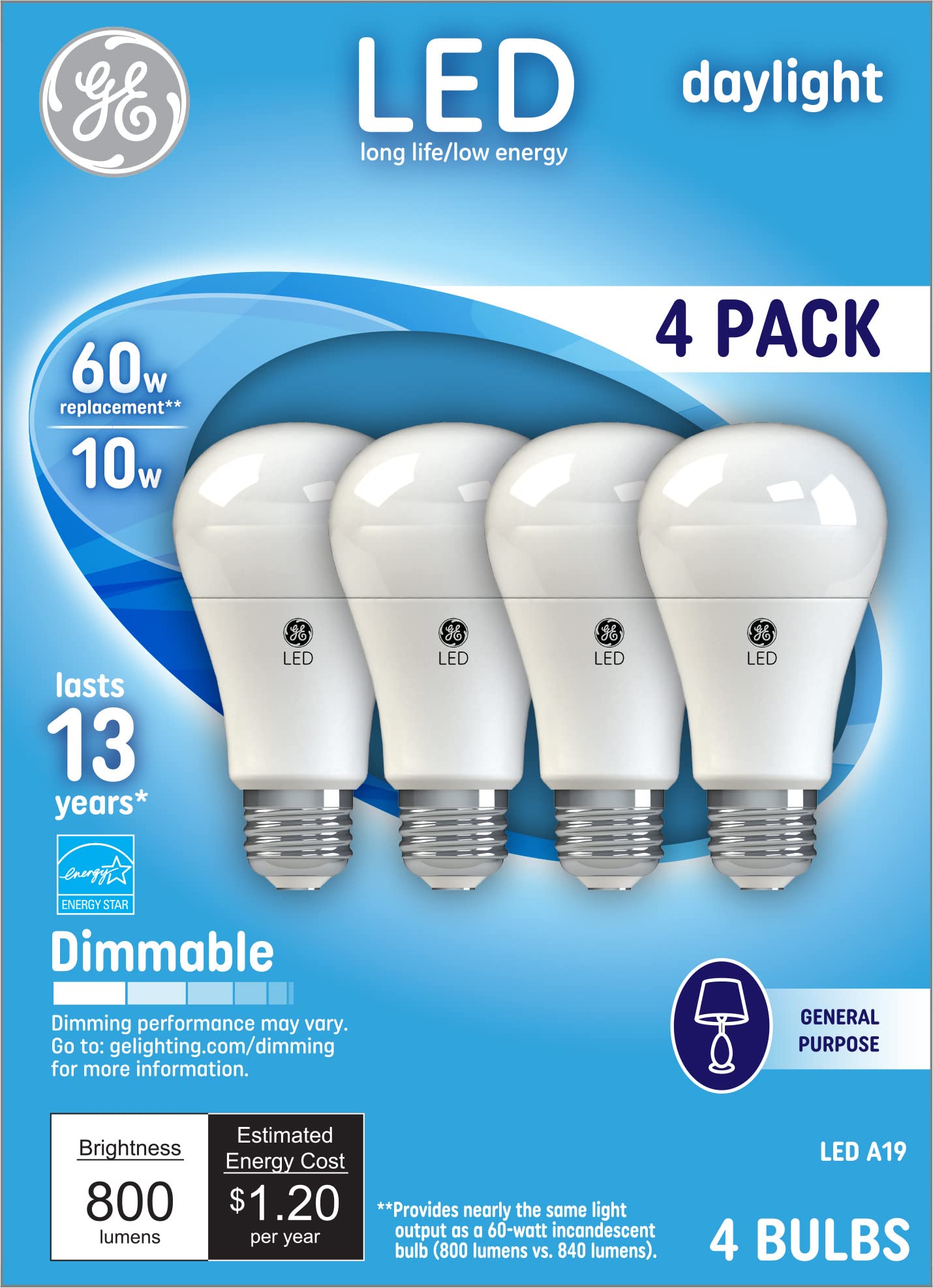 Ge Lighting Led Light Bulbs, 10W (60W Equivalent), Dimmable, Daylight, 4 Count, Medium Base, Model 67616, Glass