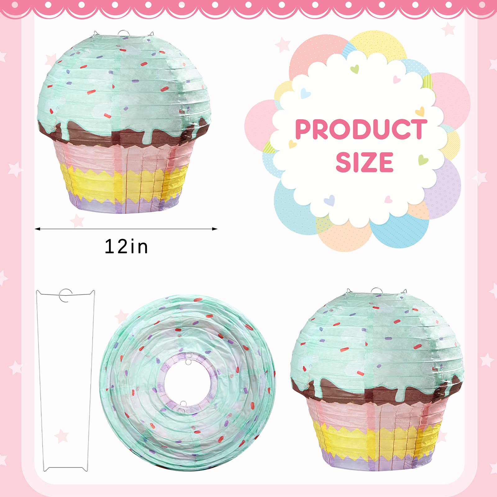 Riakrum 3 Pieces 12 Inches Large Candyland Cupcake Party Decoration Cupcake Paper Lanterns Donut Lanterns Ice Cream Party Decor