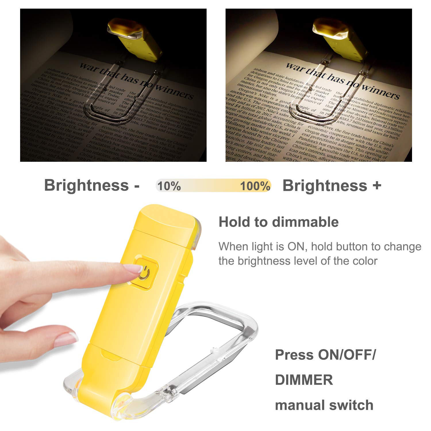 HONWELL Rechargeable Book Light Clip On LED Reading Lamp, 3 Brightness Levels, Portable, Yellow, Model H008YW-Y