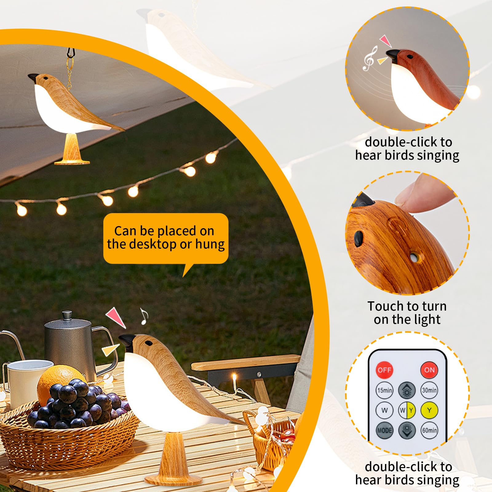 Bird Night Lamp With Sound,Cordless Small Table Lamps With 3 Color Temperature,Portable Rechargeale Outdoor Night Light With Rem