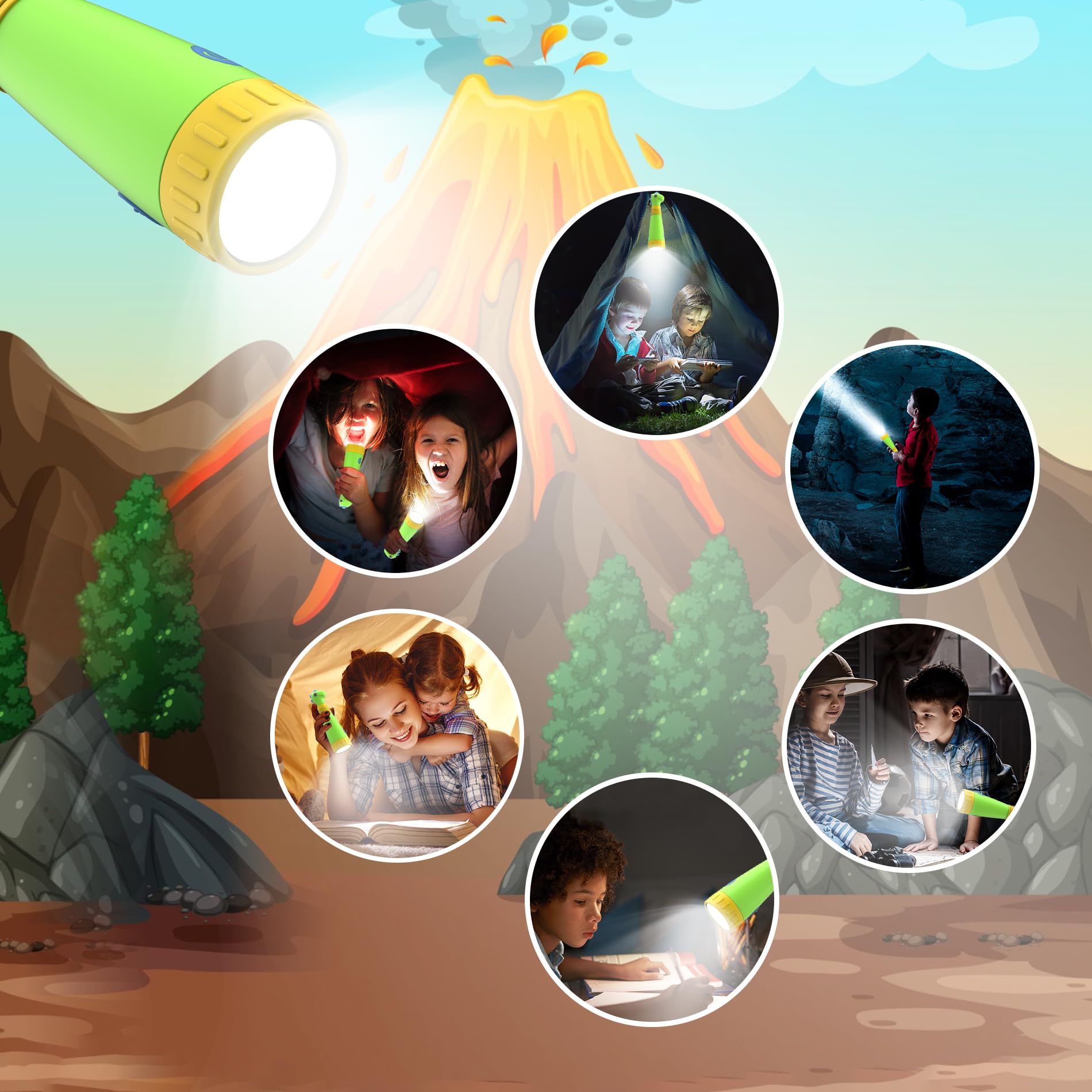 AUKSKY Dinosaur Flashlight for Kids, Rechargeable Dino Lantern, Green, Model DF-01, Perfect for Camping and Holidays