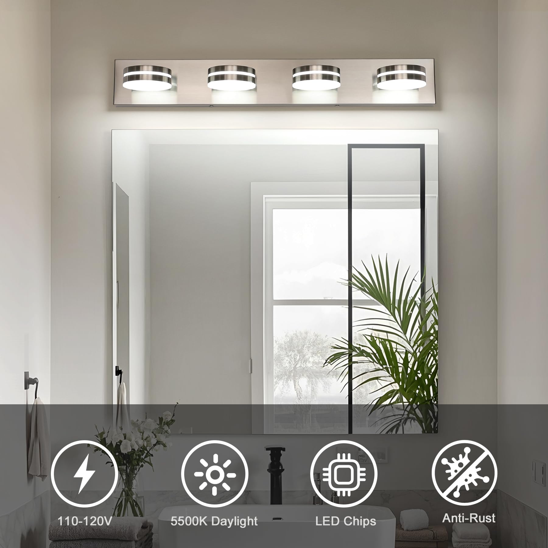 Bicrink Brushed Nickel Vanity Lights For Bathroom  4-Light Bathroom Light Fixtures Over Mirror  Led Dimmable Bath Lighting Fixture  Modern Wall Mounted Lighting Fixture