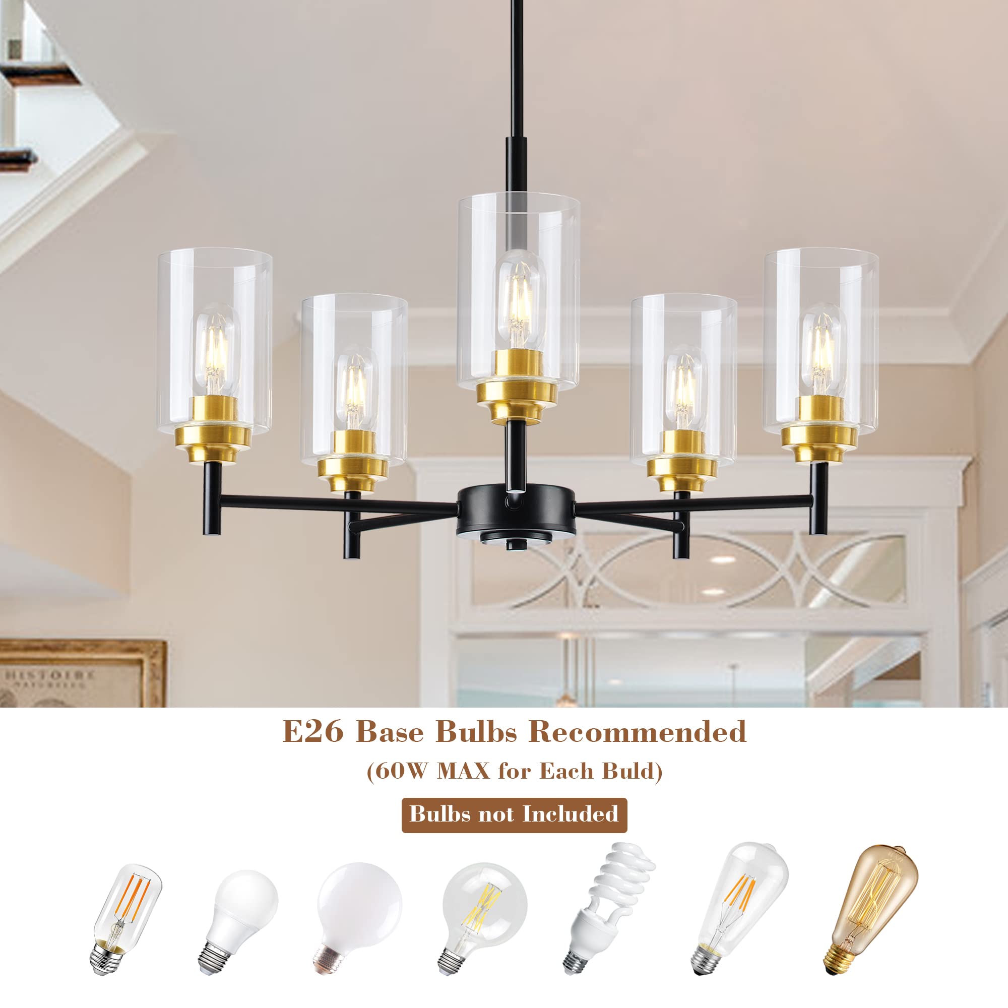 5 Lights Glass Farmhouse Chandeliers For Dining Room, Modern Kitchen Light Fixtures Over Table, Kitchen Island Pendant Ceiling Lighting , Black And Gold Hanging Light For Foyer Living Room Bedroom