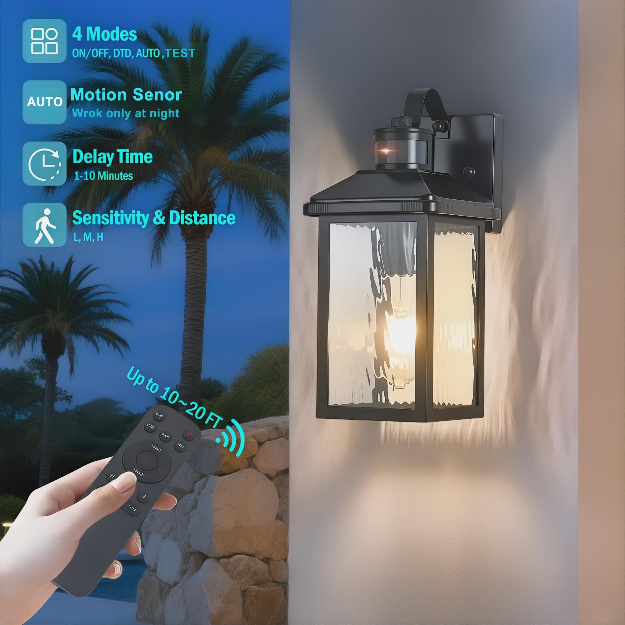 Hebangya Outdoor Porch Lights with Remote Control, Motion Sensor, 4 Lighting Modes, 1 Pack, Black, Model H2015-1B-RW