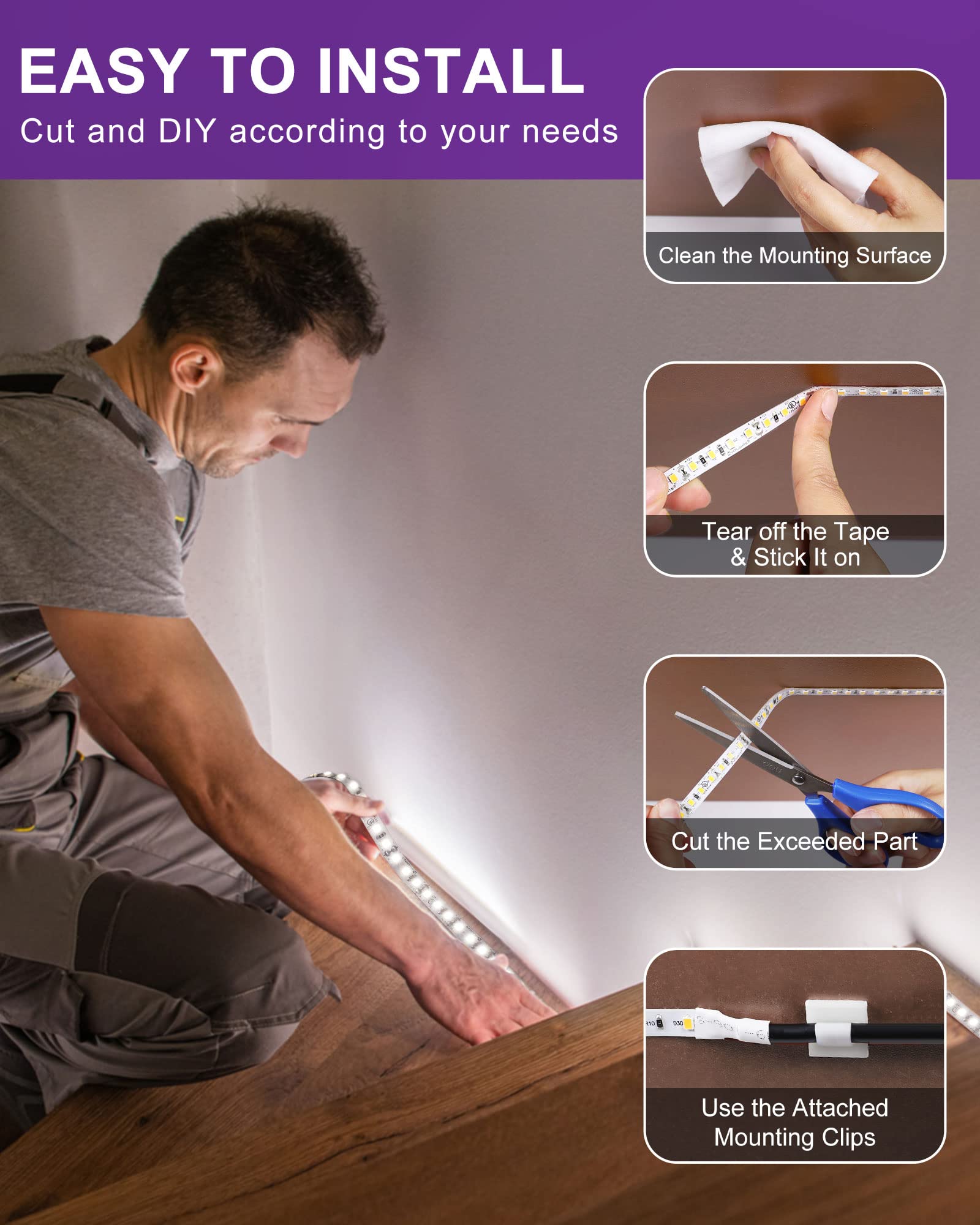 HitLights LED Strip Lights, 24.6FT, 900 LEDs, 5000K Cool White, UL-Listed, 12V DC