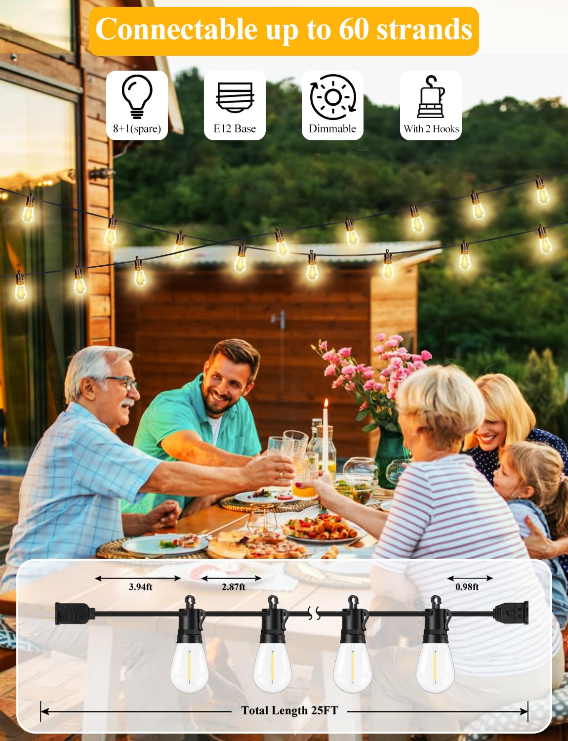 Brightever 25Ft Outdoor String Lights Waterproof, Led Patio Lights With 8+1 Shatterproof S14 Edison Bulbs, String Lights For Out