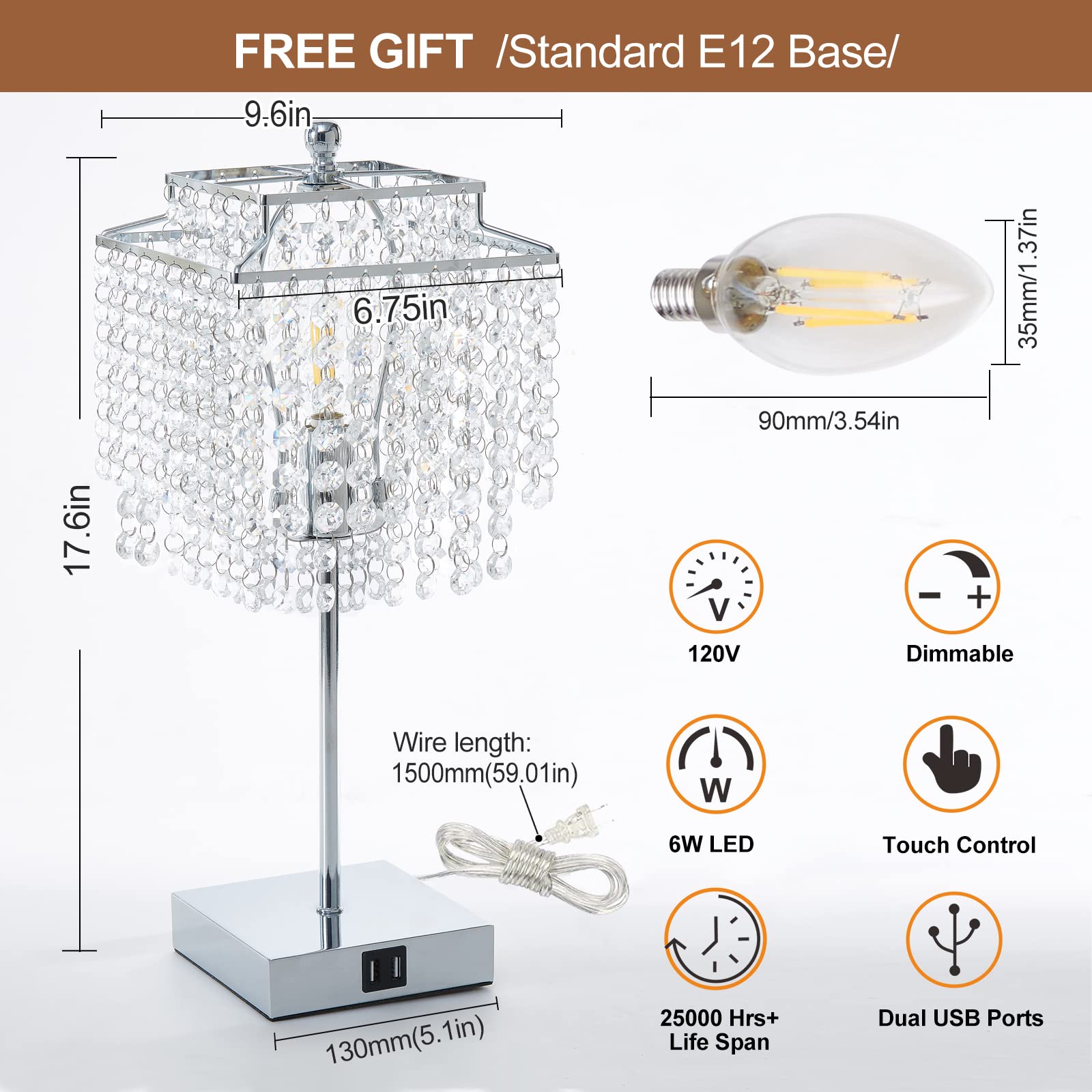 Luvkczc Crystal Table Lamp - Touch Control, 3-Way Dimmable, USB, Silver, Includes 6W LED Bulb, Perfect for Bedroom & Living Room