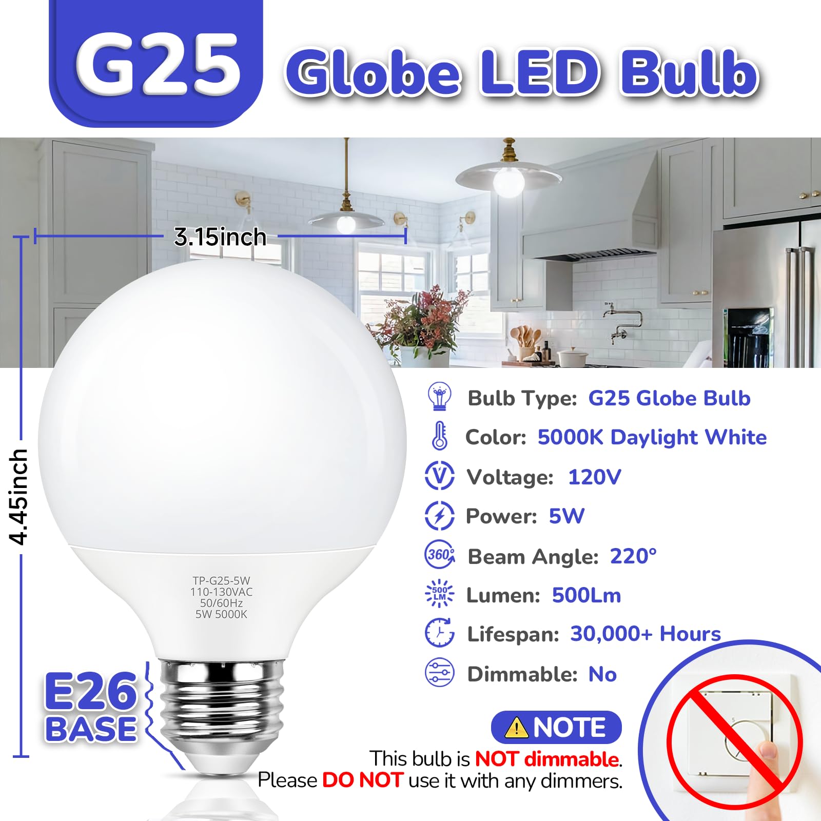 Maxvolador G25 Led Globe Light Bulb 60W Equivalent, Daylight White 5000K E26 Vanity Round Bulbs For Bathroom Makeup Mirror, Non-
