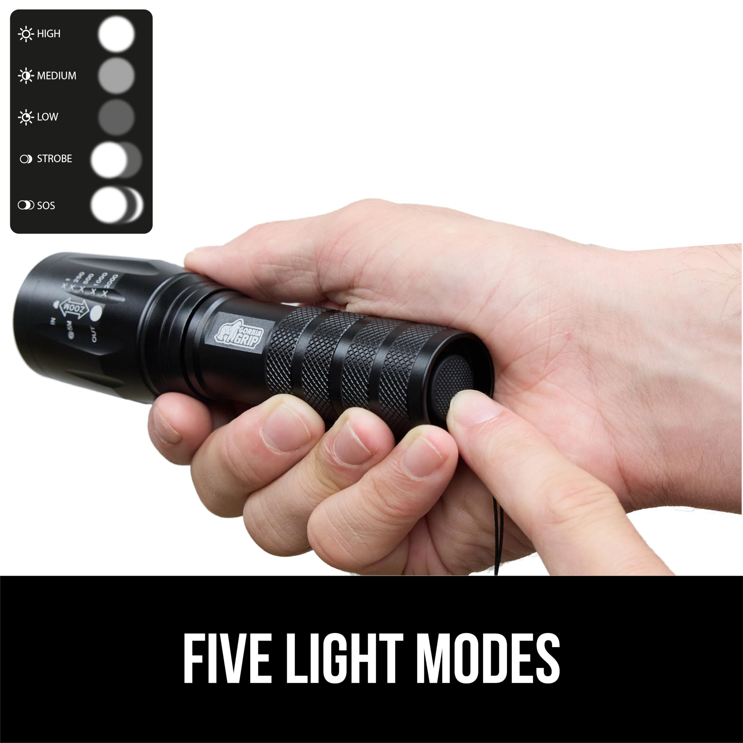 Gorilla Grip LED Tactical Handheld Flashlight, 750 FT Zoom, Ultra Bright, Water Resistant, Black, Model 840029670880