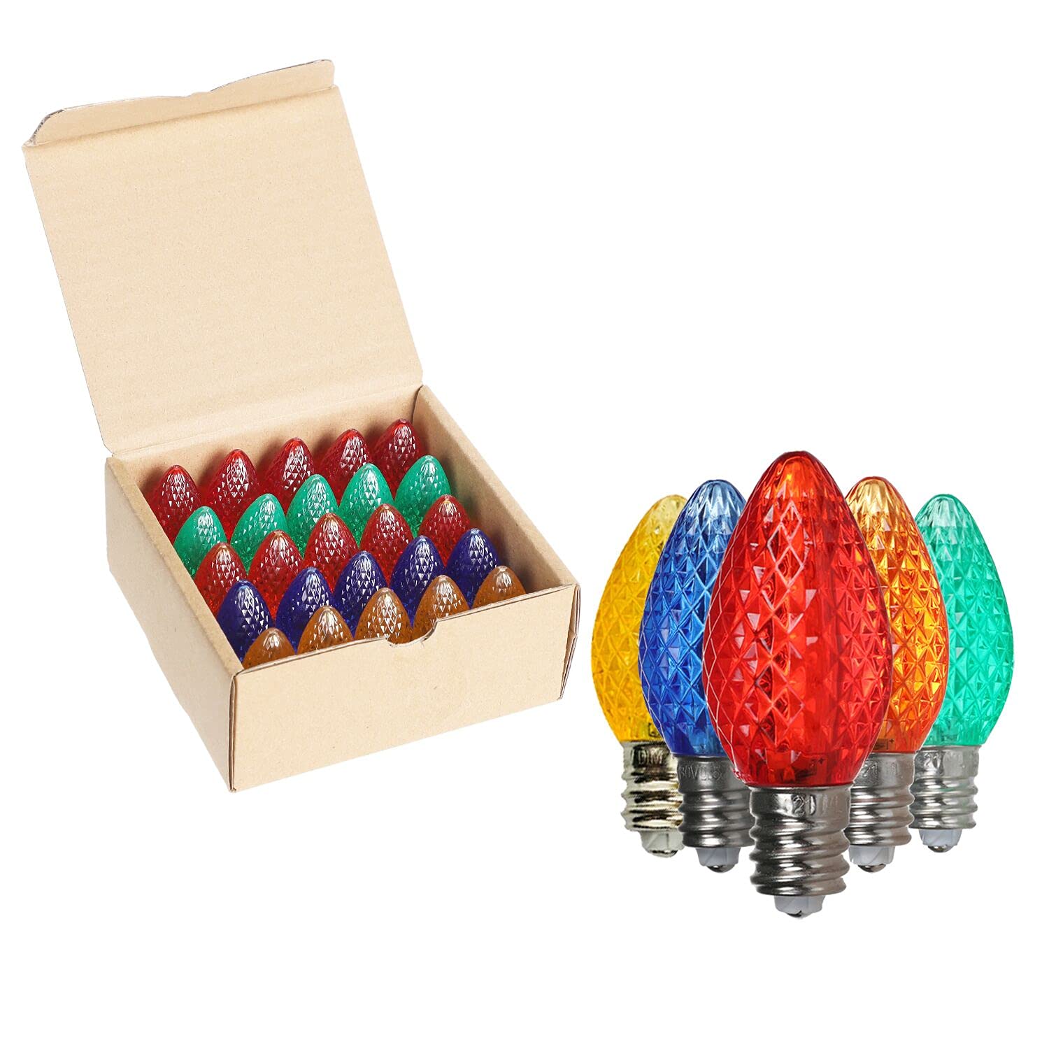 Rainmin Durable 25 Sets Of C7 Led Christmas Light Bulbs,Led Light Bulbs Holiday Decoration,E12 Faceted Multicolored Diammable Bu