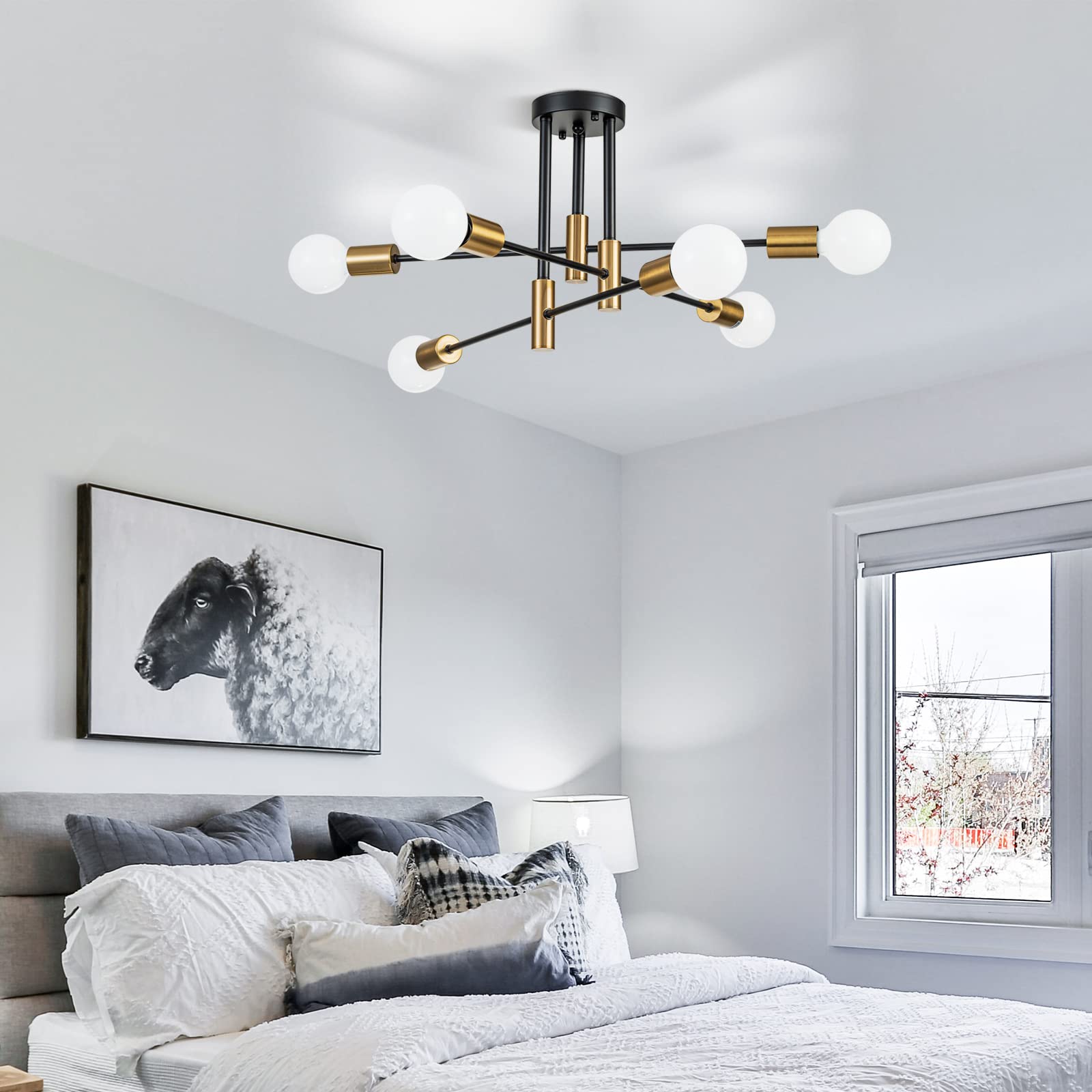 Brknit 6-Light Modern Sputnik Chandelier, Black Gold Semi Flush Mount Ceiling Light Fixture