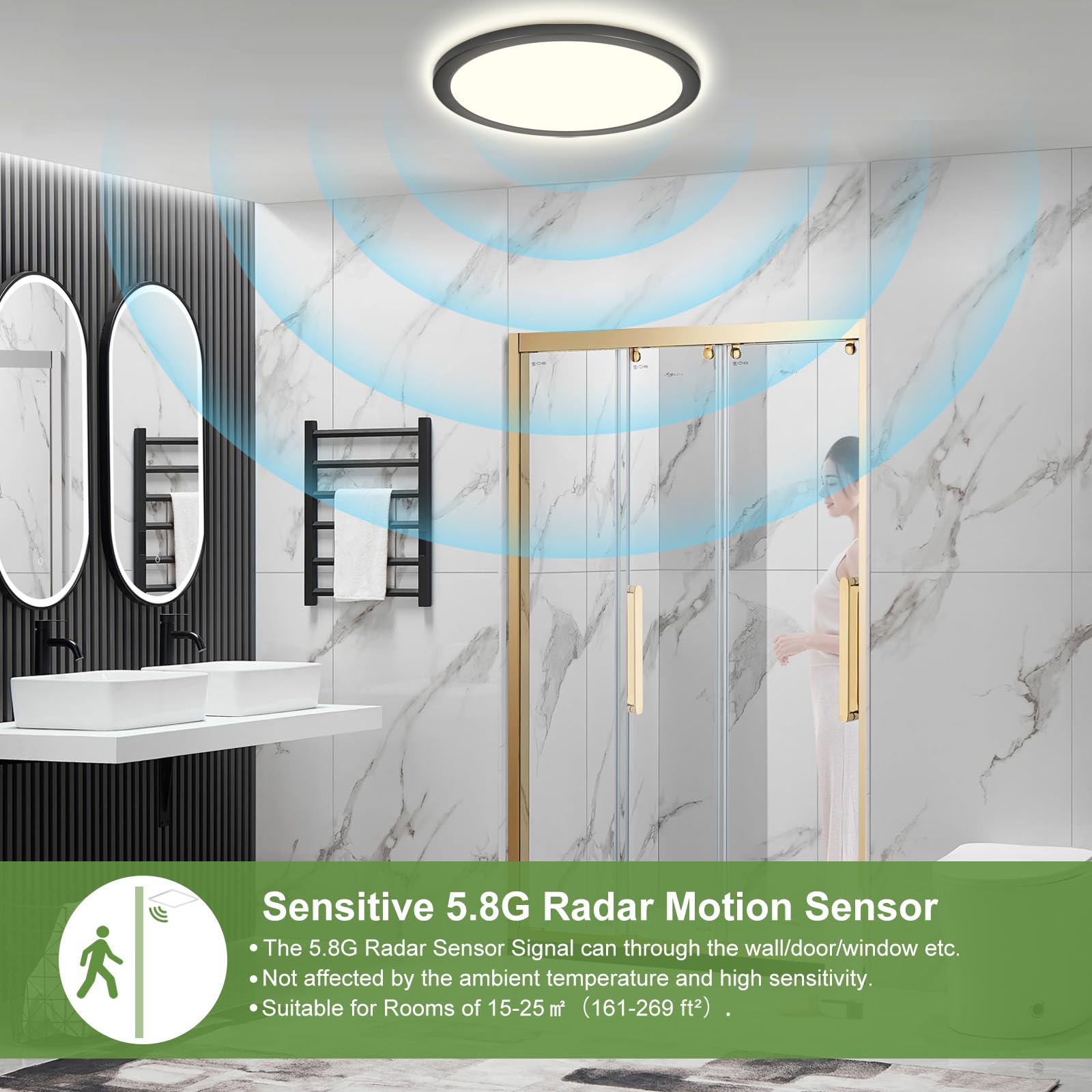 LEZOE 24W Motion Sensor LED Ceiling Light, Dimmable 12Inch, 2400lm, IP54, Black, Model LZ2210B