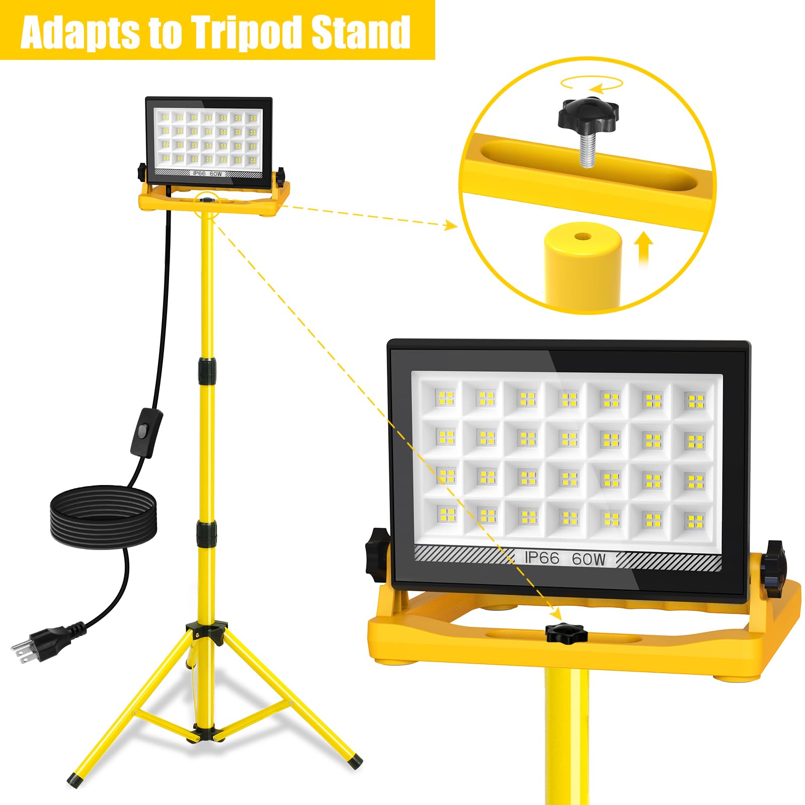 T-Sun Led Work Light With Stand  60W 6000K Led Flood Light Outdoor With 13Ft Cord  3 Adjustable Lighting Magnetic Base/Hook Design  Portable Work Lights For Job Site  Construction  Workshop  Garage