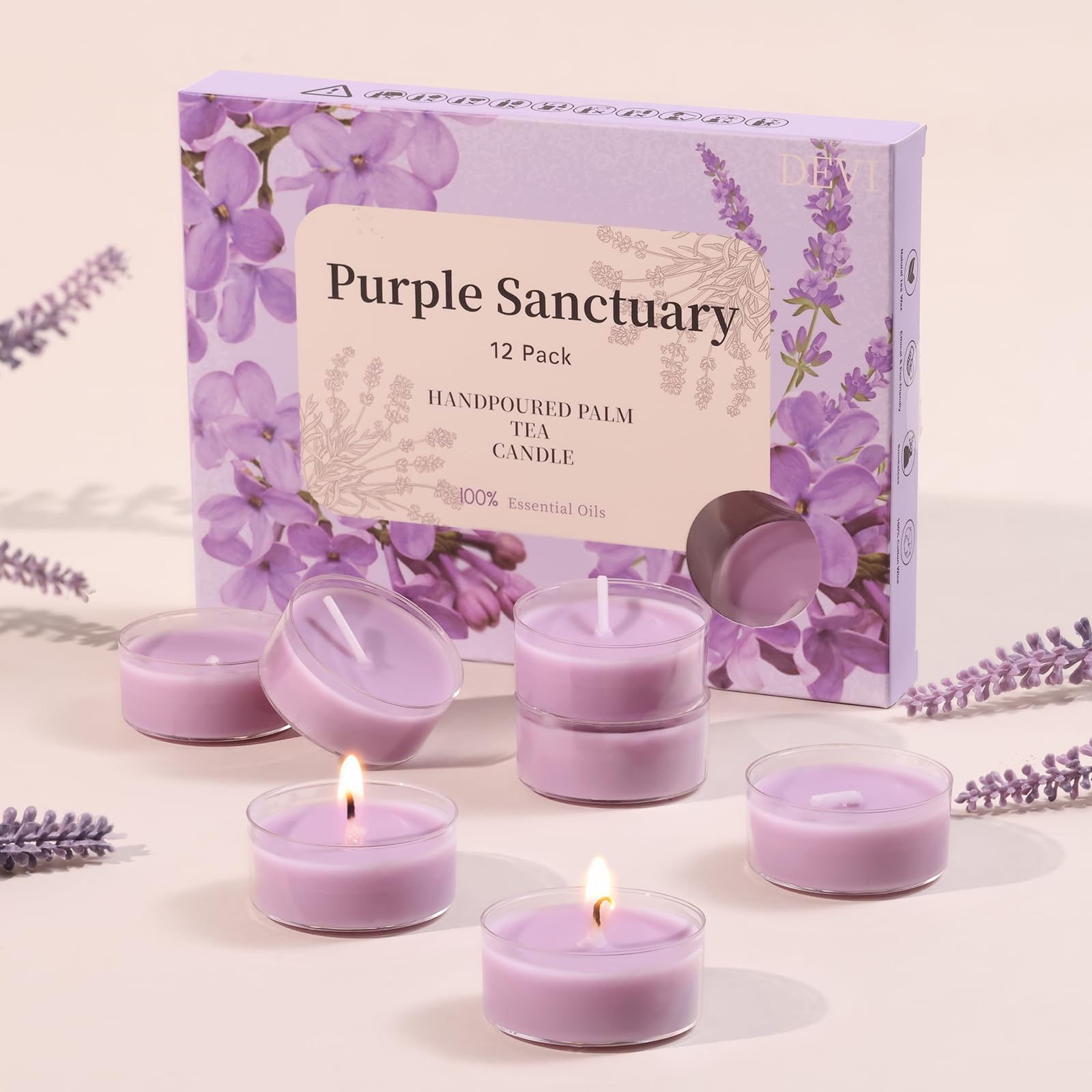 DEVI Eucalyptus & Lavender Highly Scented Tea Lights Candles 12 Pack  3.5-4 Hours Natural Palm Tea Candles for Home Scented  Small Votives with Essential Oils for Home Aromatherapy  Gifts for Woman