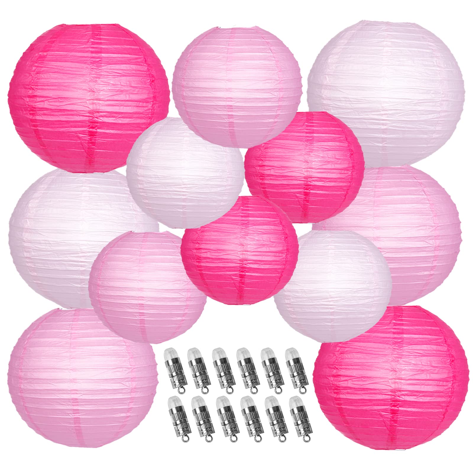 YUNXUAN Paper Lanterns, Pink Hanging Round Chinese Lanterns with 12 LED Lights, Model YX1034, Pack of 12