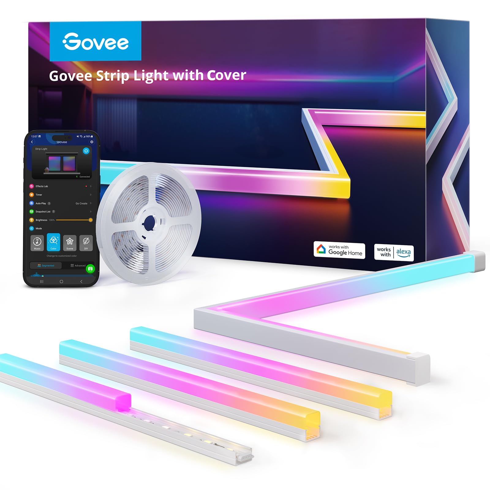 Govee RGBIC LED Strip Lights 16.4ft with Covers, Smart LED Lights for Bedroom Work with Alexa and Google Assistant, LED Diffuser