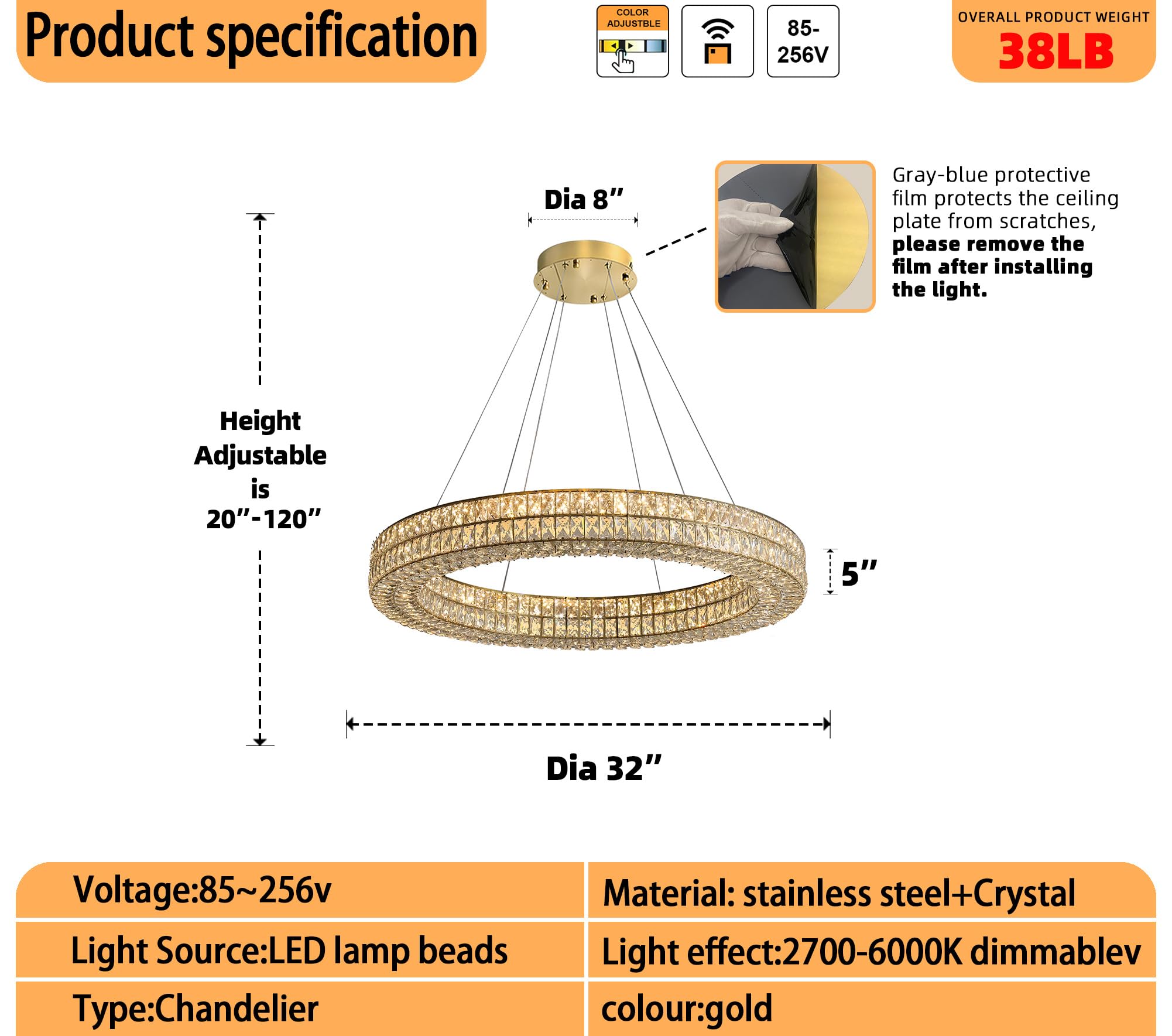 IDEQUY 32in Gold Ring Chandelier - Modern Crystal Ceiling Light Fixture for Living Room, Dining Room, Bedroom, Model CF8024-80J