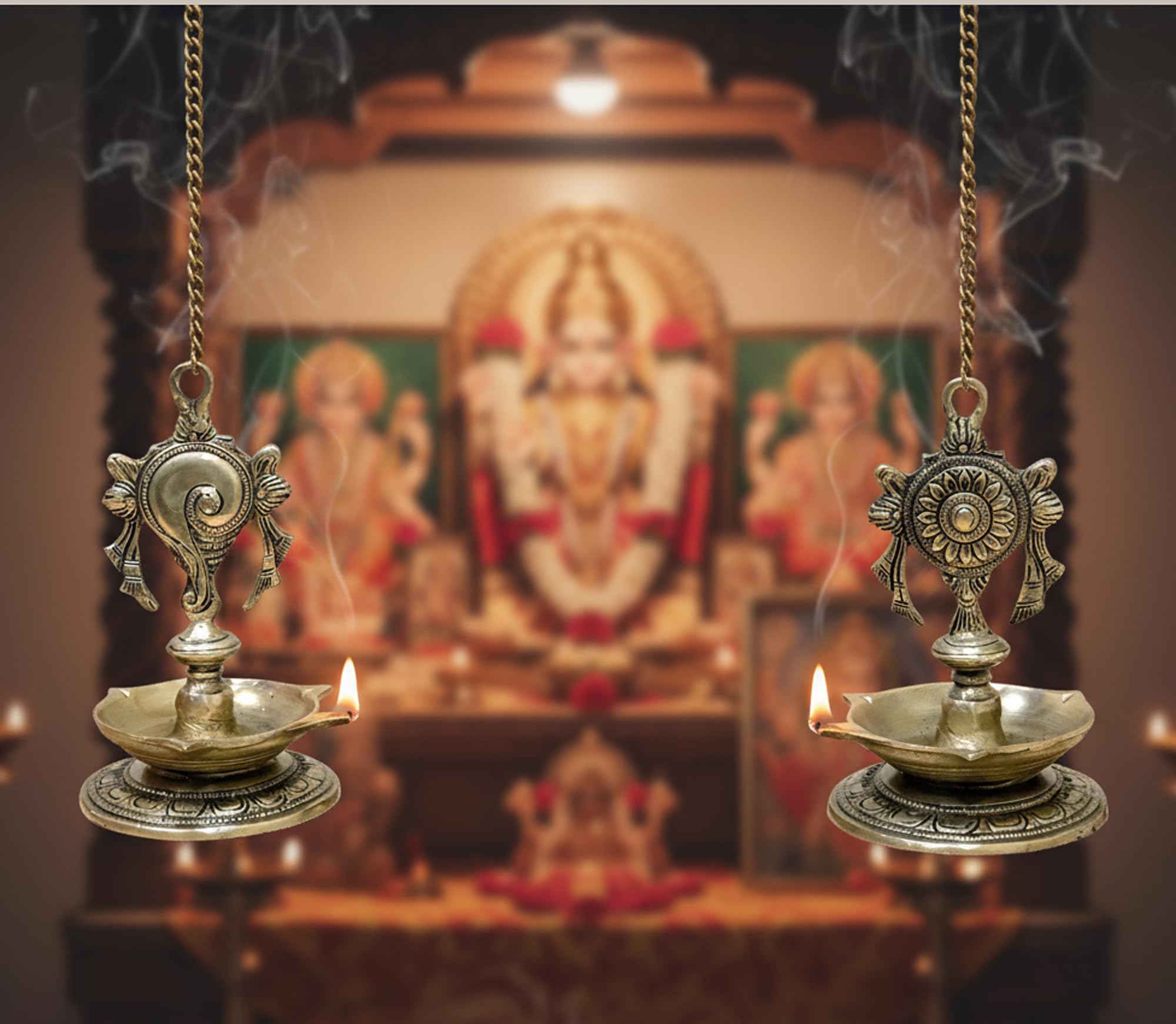 Stonkraft Brass Hanging Diya - Golden Oil Lamp For Home & Office, 25.75 Length, Model: Brass-Hanging-Diya