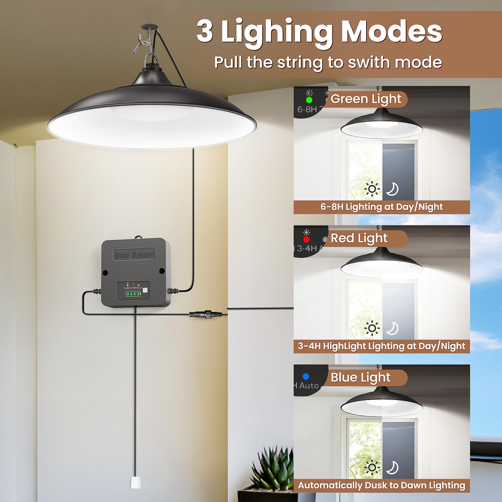 APILAB Solar Shed Light - 2000LM Indoor/Outdoor Pendant, 3 Lighting Modes, IP65 Waterproof, Cool White, 2 Pack, Model DP048AB