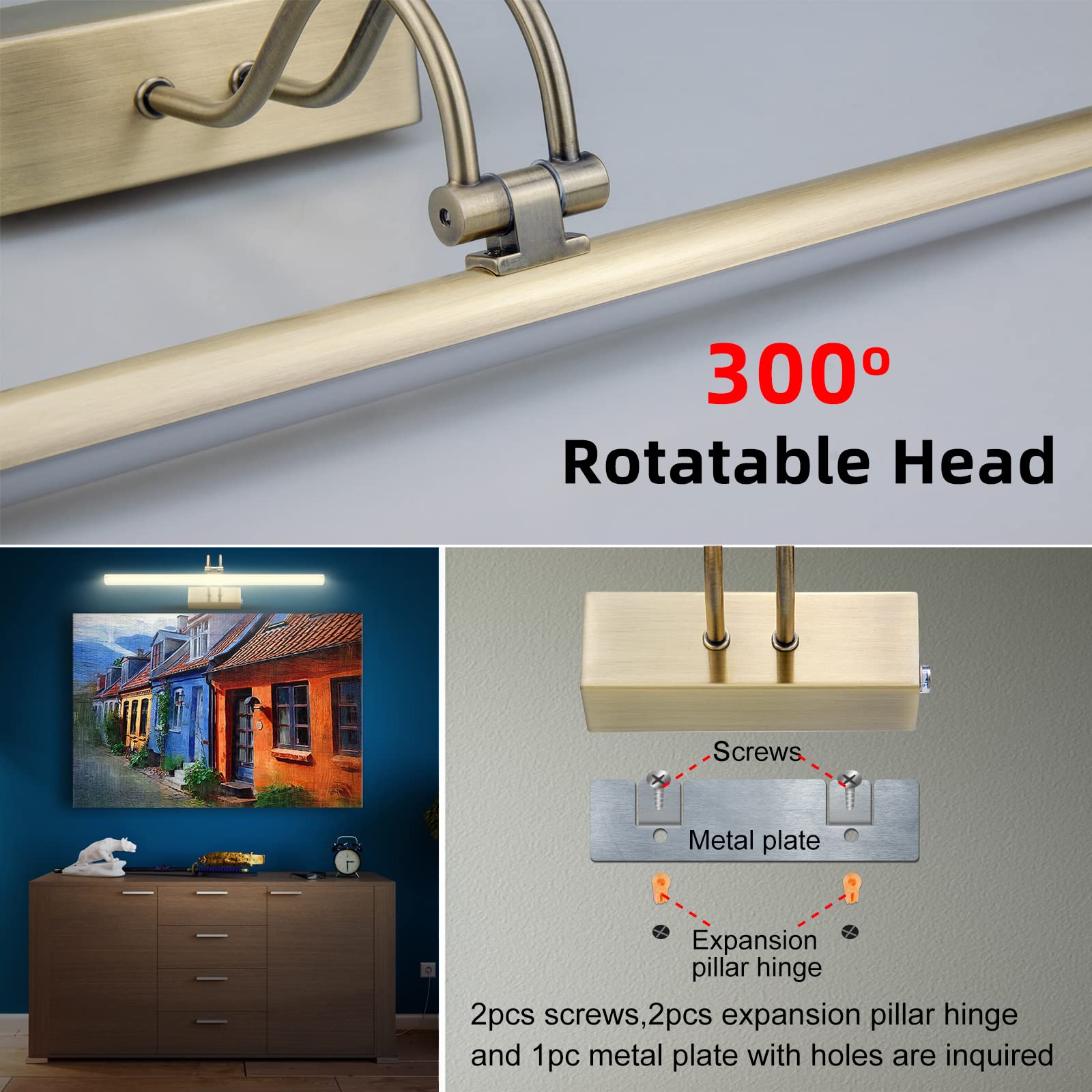 Raifoolly Picture Light - 13In Battery Operated Art Light, Dimmable With Timer, Antique Brass, Model Rf00289
