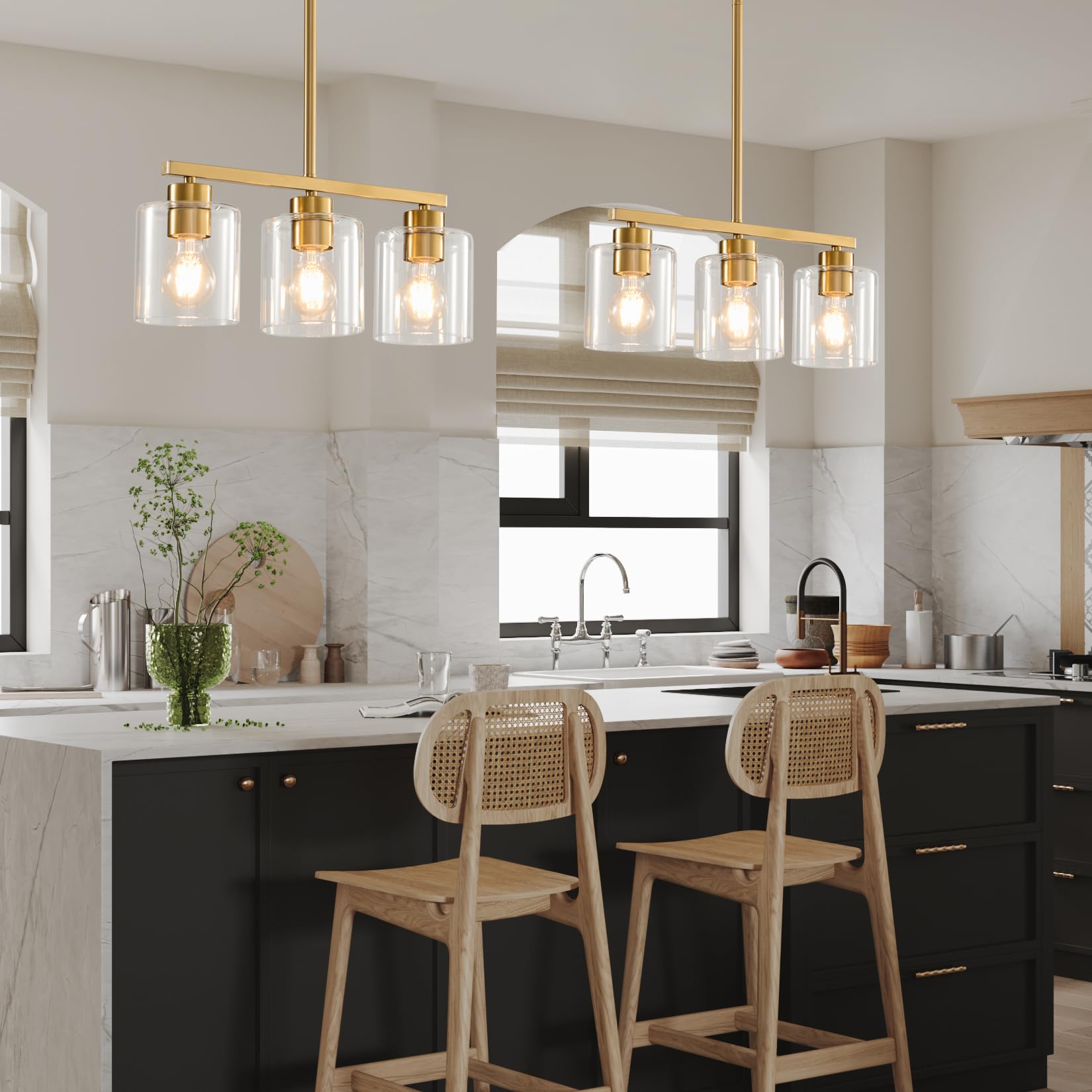 Rocunsi 3-Light Gold Kitchen Island Lighting  Gold Pendant Light Fixture  Farmhouse Dining Room Light Fixtures Over Table  Modern Hanging Light Fixtures With Clear Glass  E26 Base  Bulbs Not Included