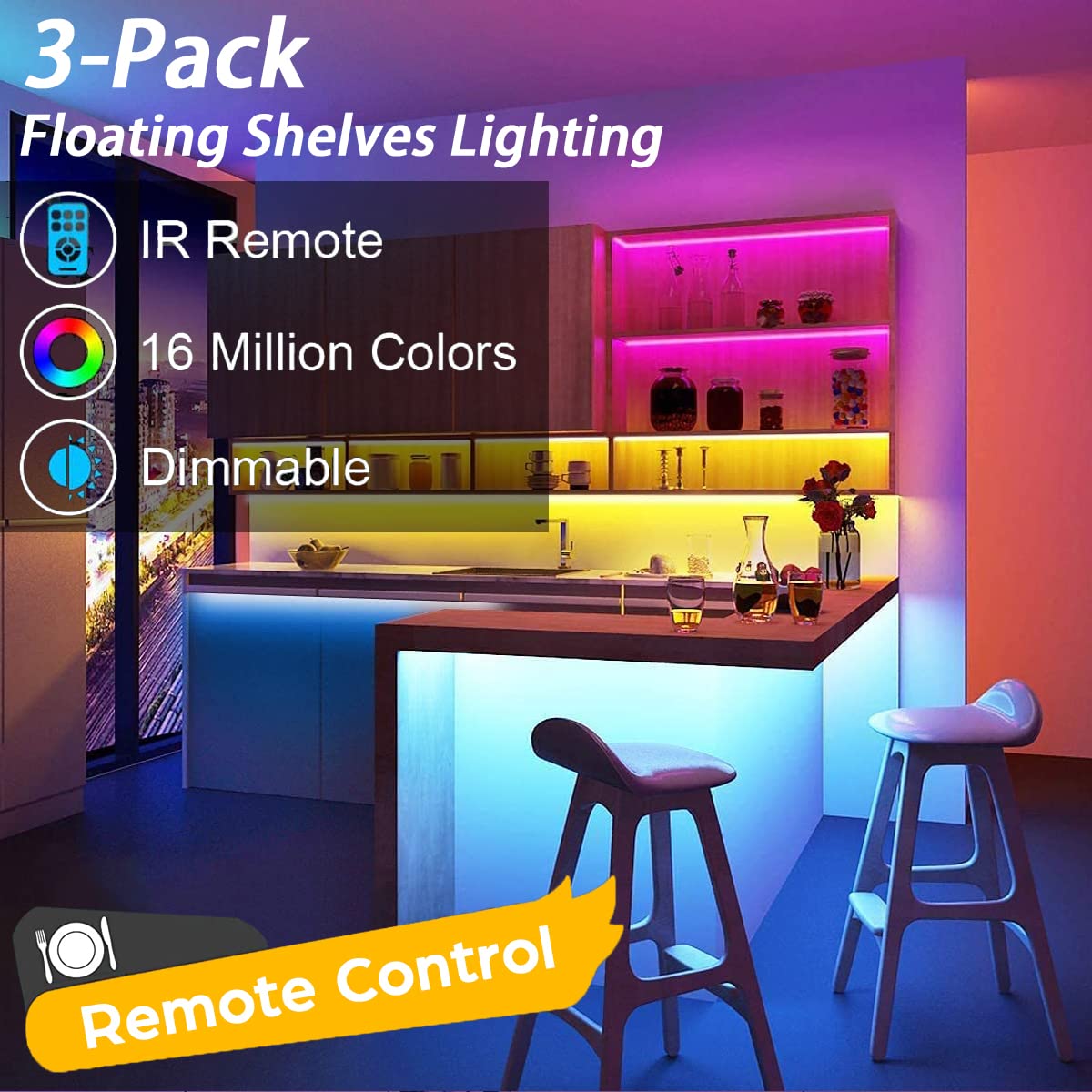 EJs SUPER CAR Battery Powered LED Strip Lights, Wireless RGB, 20 inch, 3 Pack