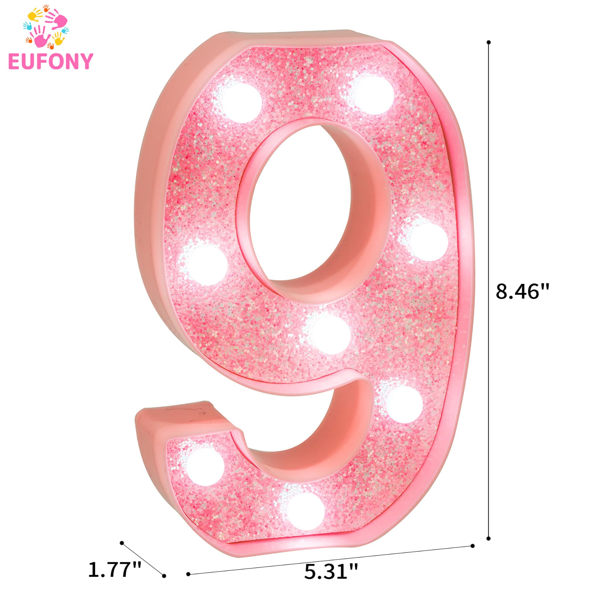 EUFONY Pink Glitter LED Marquee Light Up Number 9 with Cool White Lights, Battery-Powered Numbers sign for Girls Birthday Party