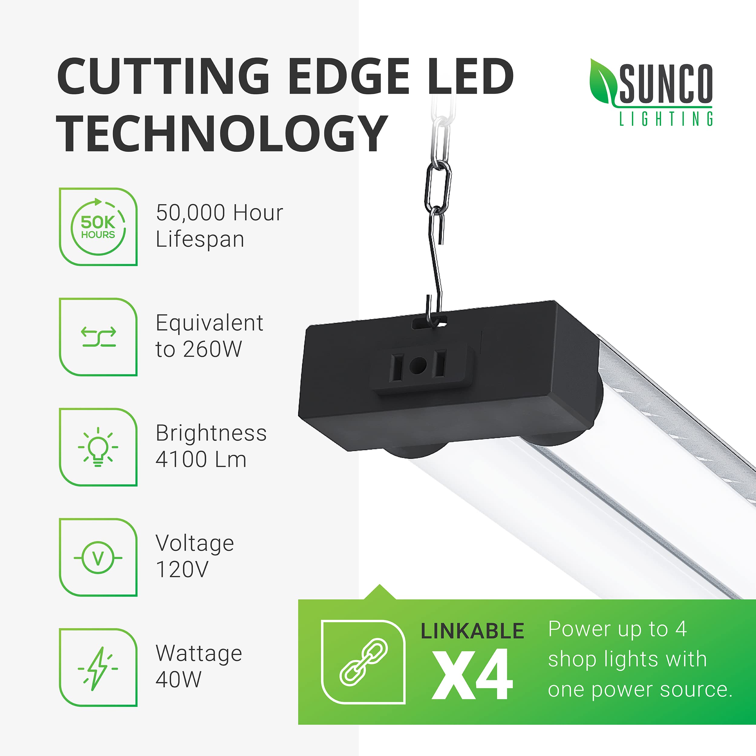 Sunco 16 Pack 40W=260W LED Shop Light for Workshop Garage 4FT, Plug in Frosted Lens Linkable Utility Industrial Fixture, 6000K D