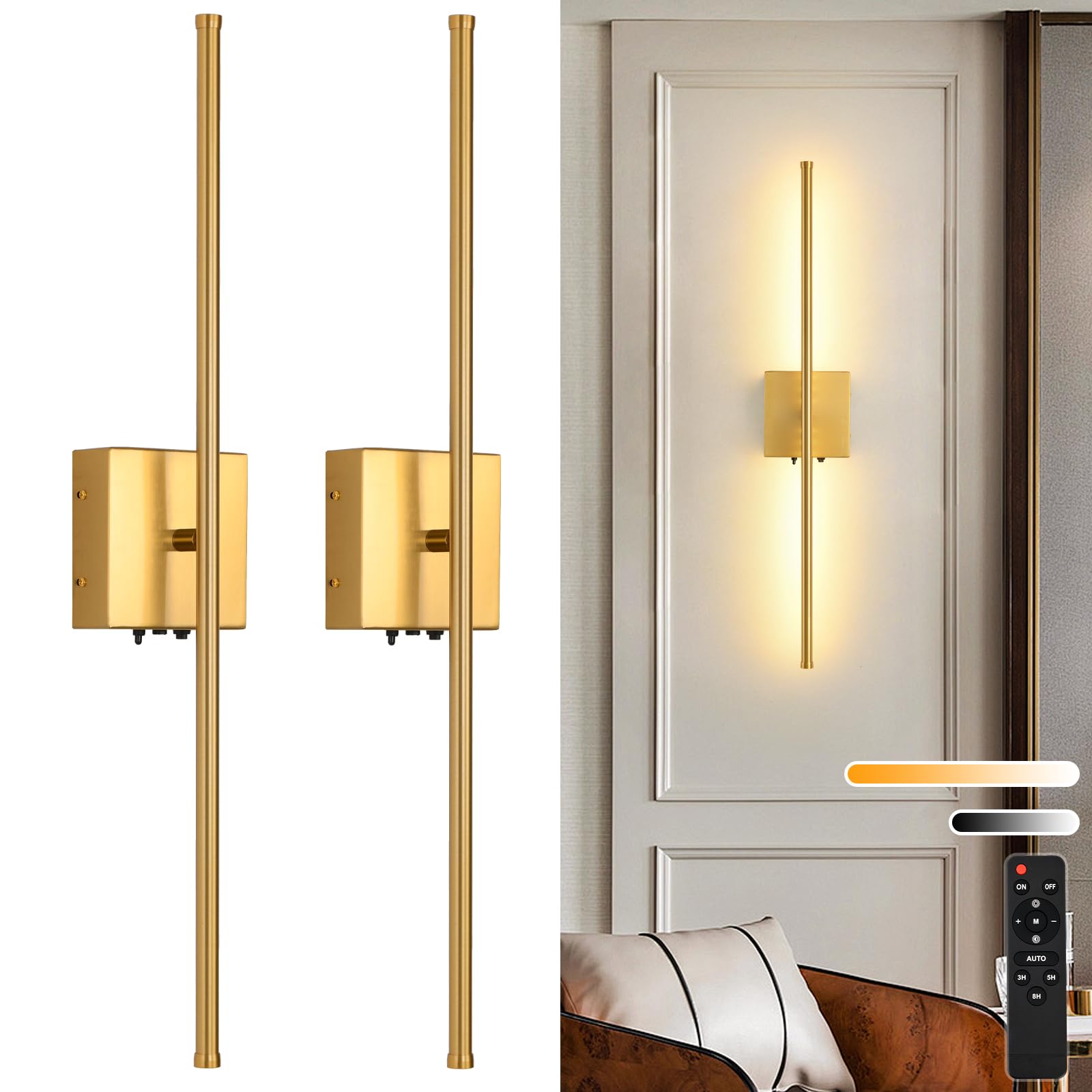 Battery Operated Wall Sconces Set Of 2, 11000Mah Wireless Rechargeable Gold Wall Lights With Remote Control, 350Rotate Dimmable