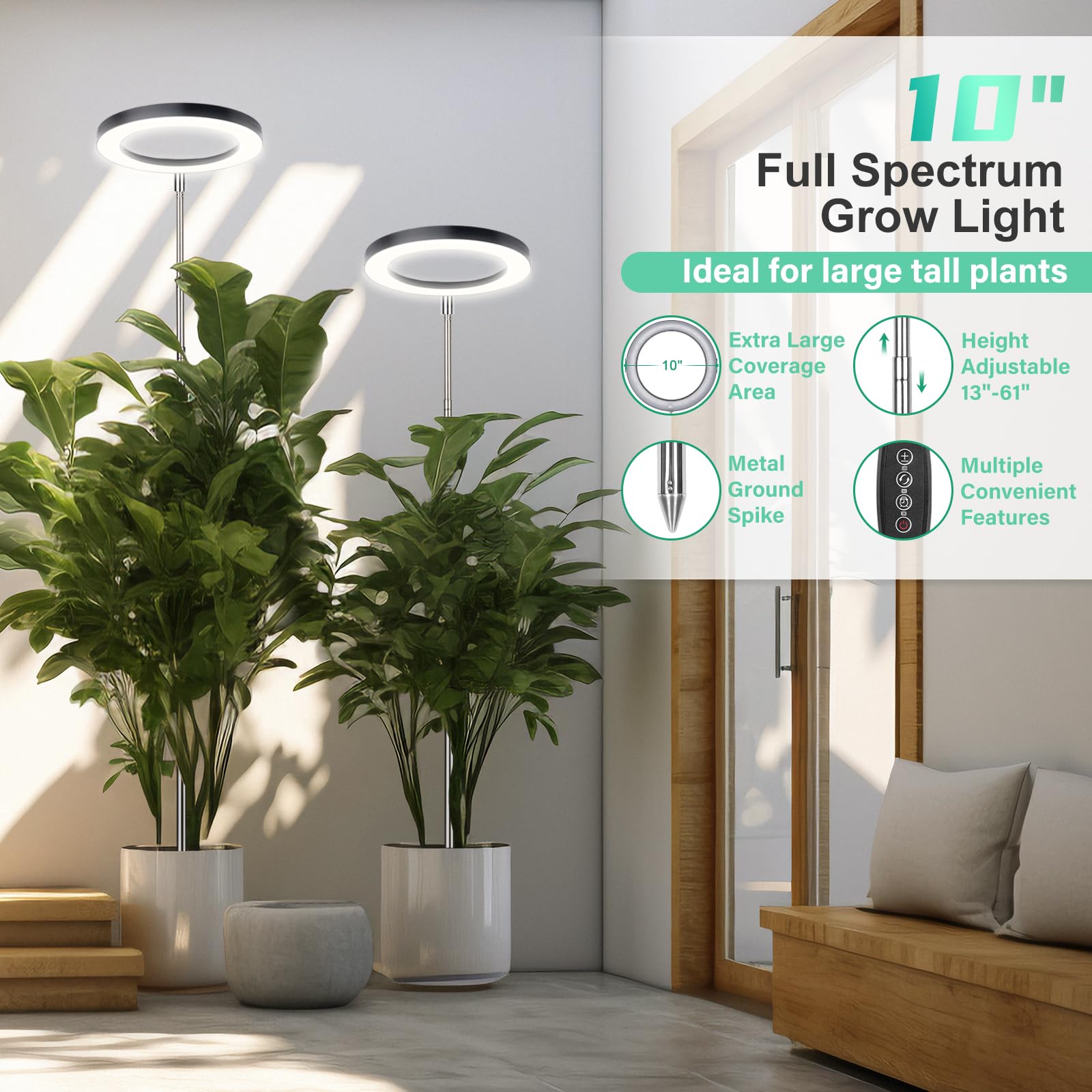 Lordem 10&quot; Full Spectrum Plant Light, 160 Leds Large Grow Light For Indoor Tall Plants, Growing Lamp With 4/8/12H Auto Timer, 10 Dimmable Levels, 3 Spectrum Modes, 61&quot; Height Adjustable, Pack Of 2