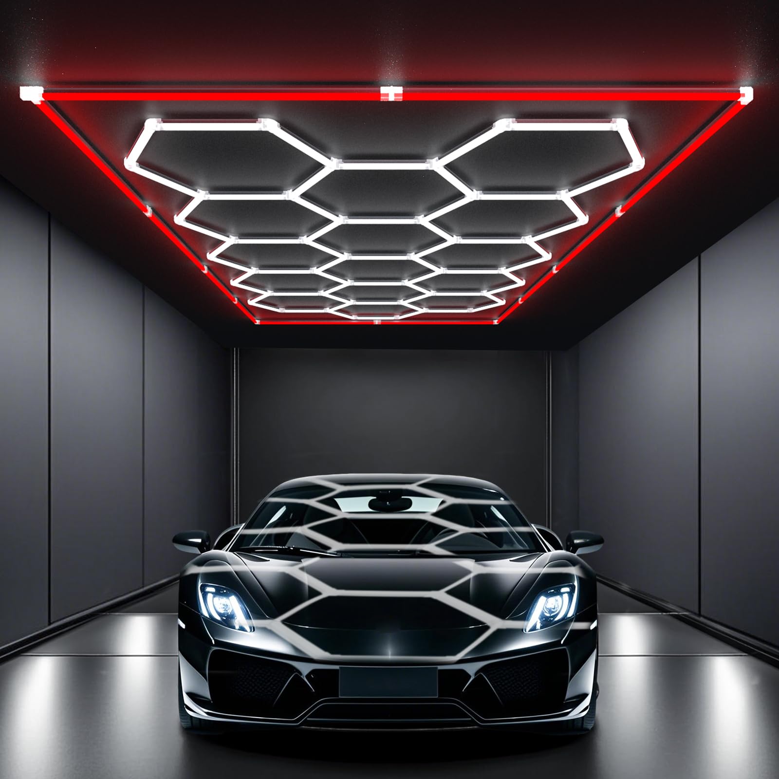 HYPERLITE Gen 2 Hexagon Garage Lights: 15 Grids with Border DIY Hexagon Led Lights  6500K Ultra Bright  Easy Install Hex Light  Durable Design for Garage  Car Detailing  Workshops  Gym(Red)