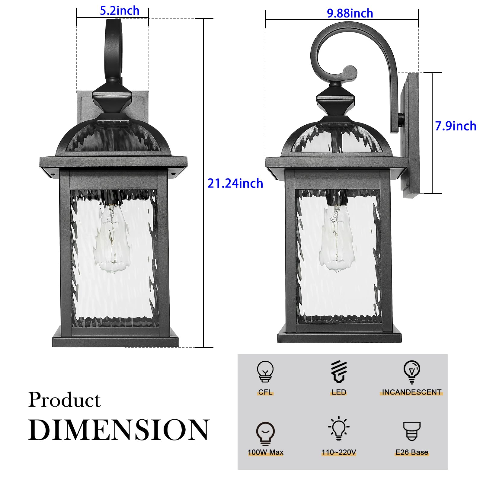 Darkaway 22" Outdoor Wall Sconce Lights, 2-Pack, Black Water Ripple Glass, Aluminum, Model 6D5B-M-2PK BK+SW