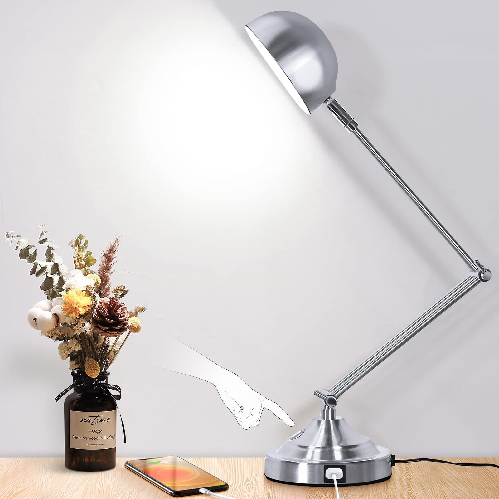 TOBUSA Silver Dimmable Desk Lamp with USB Port, Touch Control, 3 Color Modes, Adjustable Swing Arm, Model T0345-ST