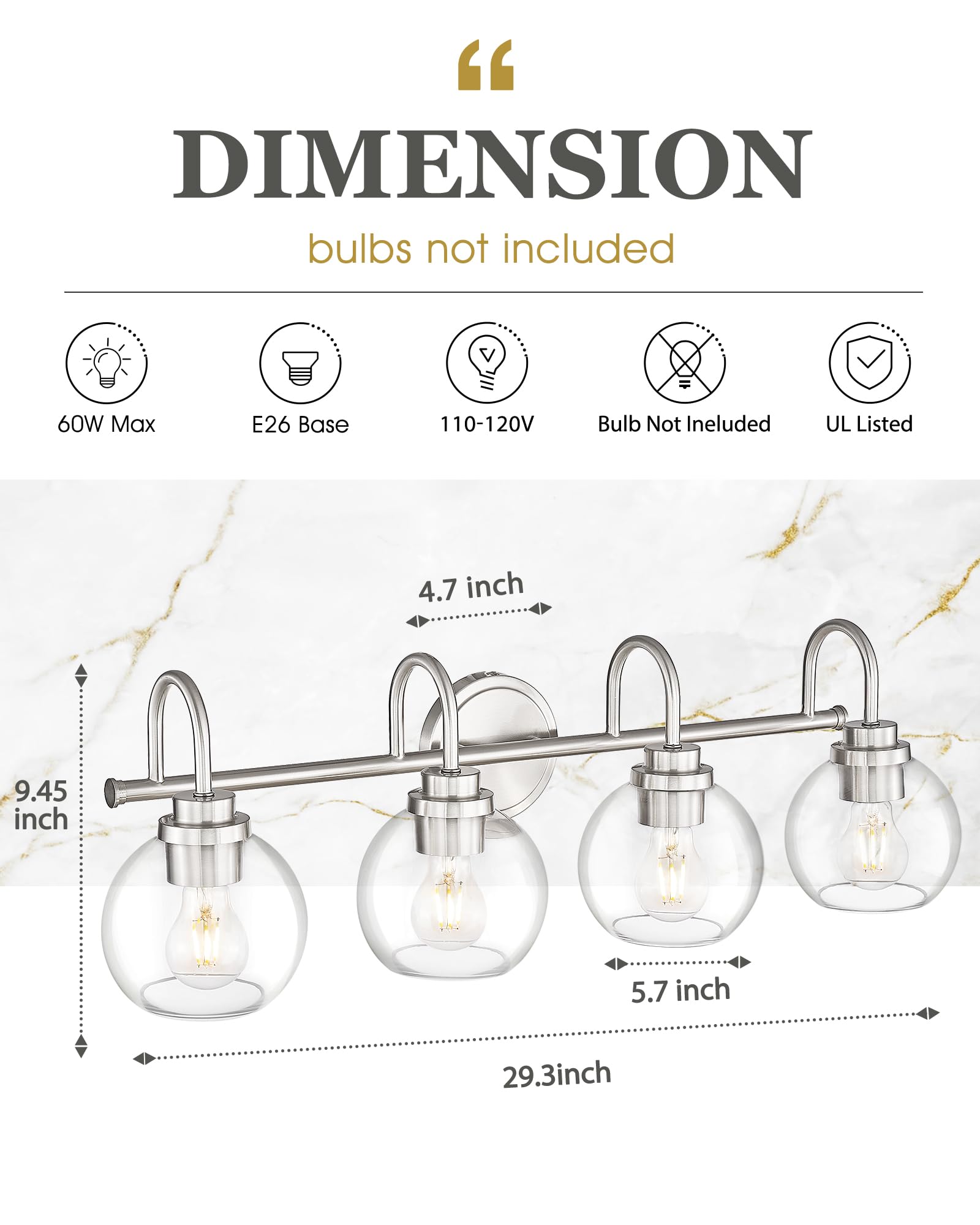 Audickic 4-Light Bathroom Light Fixtures, Brushed Nickel Vanity Lights with Clear Glass, 30 Inch, Model AD-22280-4W-SN