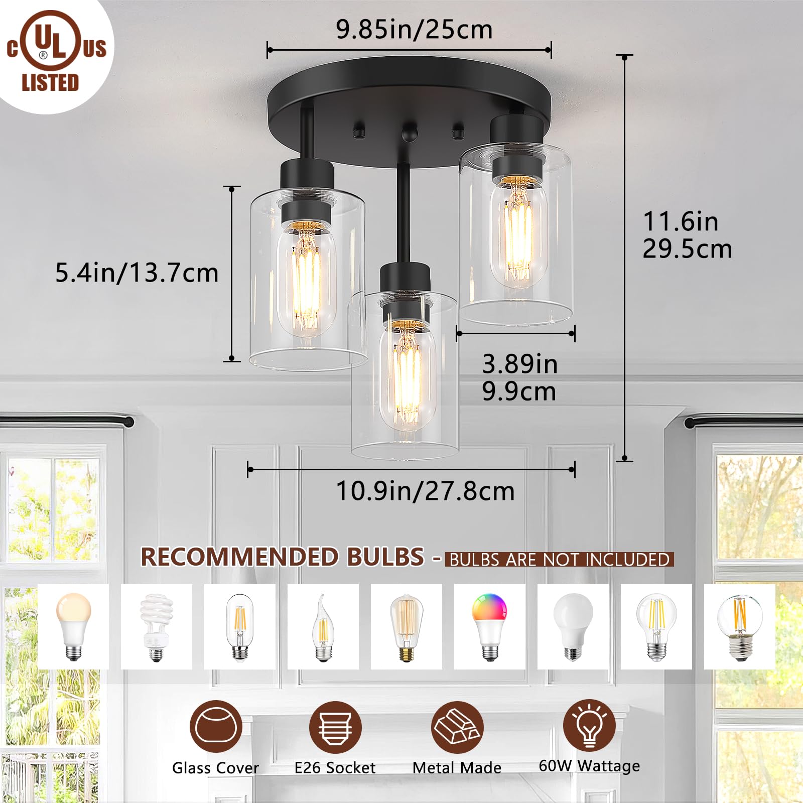 Feanron Black 3-Light Farmhouse Flush Mount Ceiling Light With Clear Glass Shades For Kitchen & Foyer