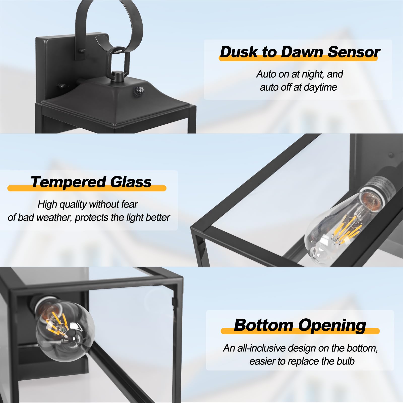 Yolsunes 19in Outdoor Wall Lantern, Black Dusk to Dawn Sensor, Metal Sconce Light, 2 Pack, Waterproof, Modern Design