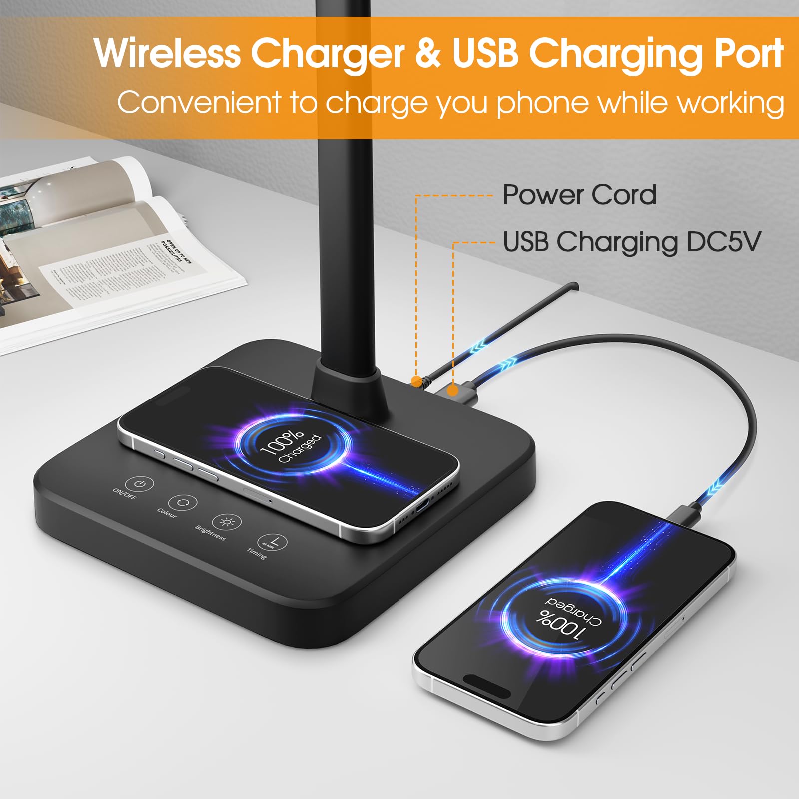 ShineTech LED Desk Lamp, 24W Double Head, Wireless Charging, USB Port, Adjustable Gooseneck, Black, Model U19TT