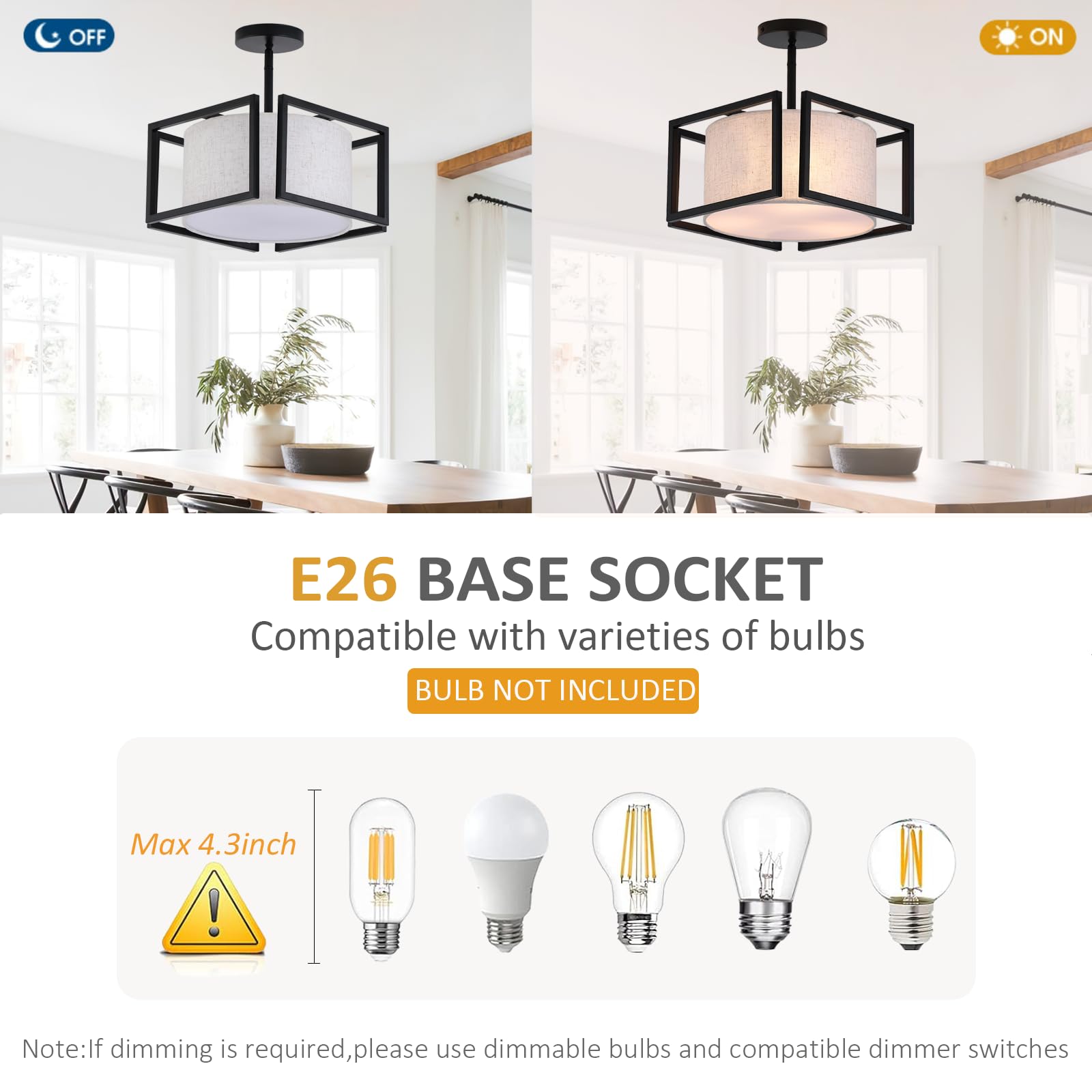 Vexagyle 3-Light Semi Flush Mount Ceiling Light Fixture,12.6   Modern Close To Ceiling Light With Fabric Linen Shade Black Metal