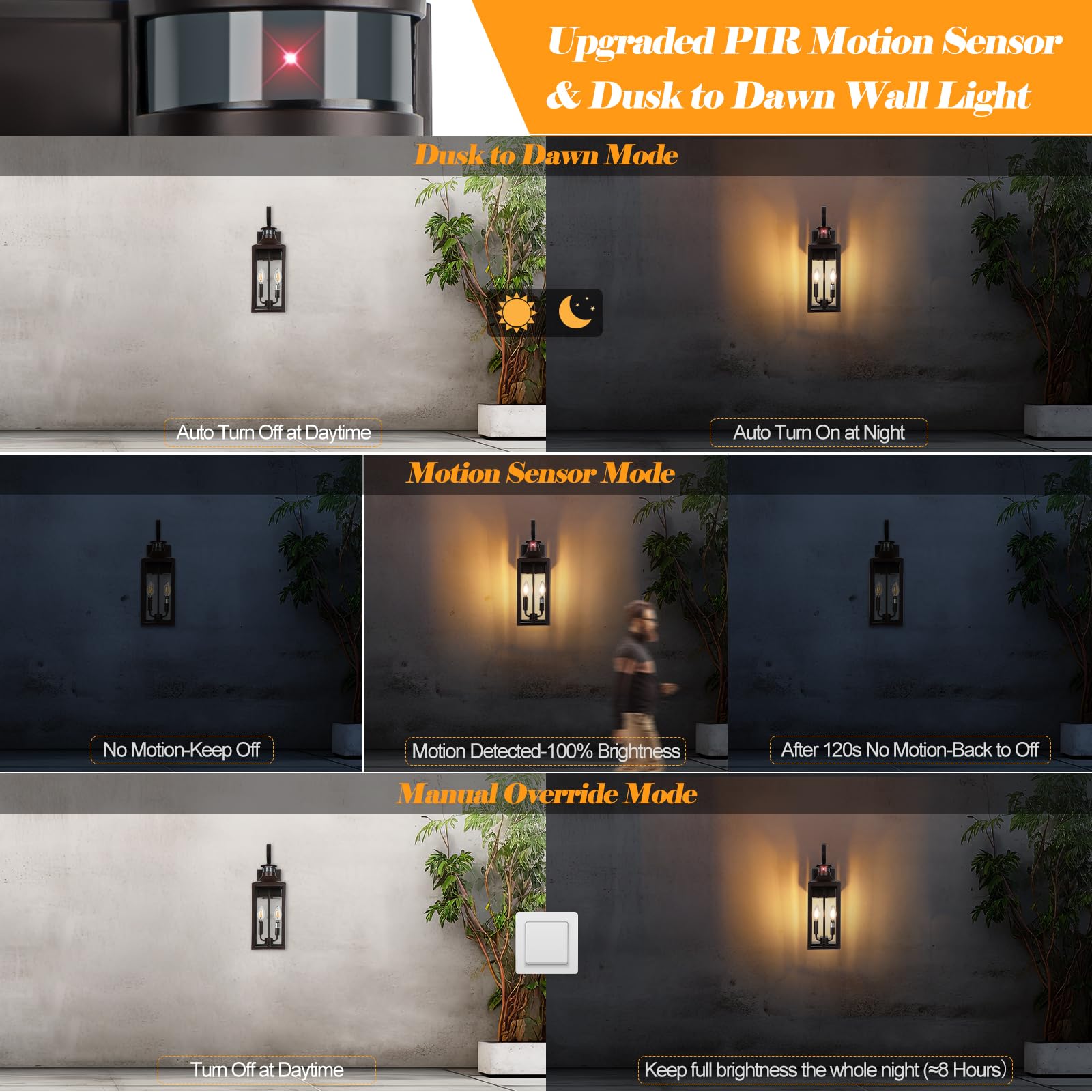 Porch Lights With Gfci Outlet  20 Brown Dusk To Dawn Motion Sensor Outdoor Lights  Exterior Lighting Fixtures With Gfci Outlet Built-In  Waterproof Bronze Outdoor Wall Sconce For House Patio