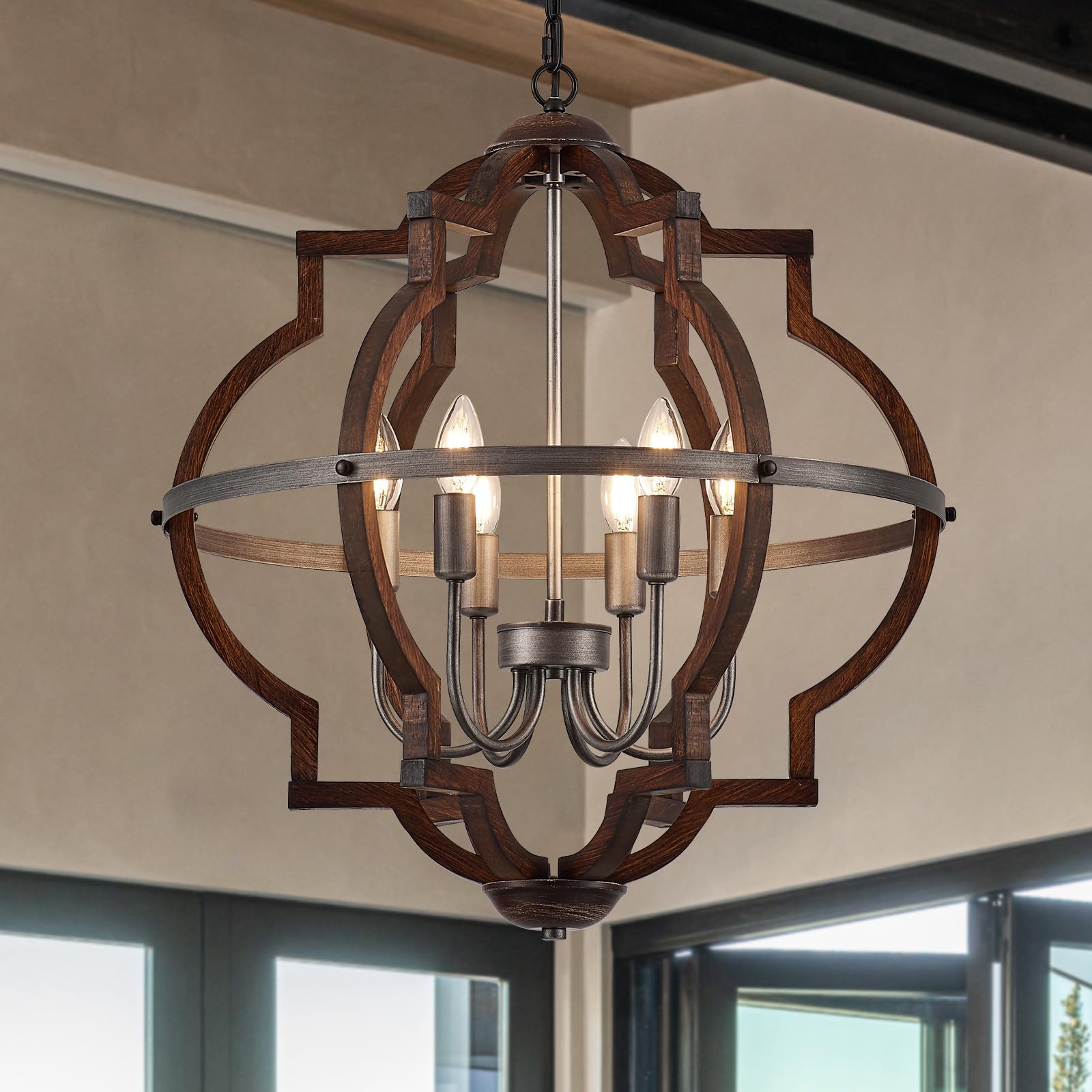 Tacdandm 23'' 6-Light Wood Farmhouse Chandelier For Dining Room Vintage Rustic Oak Brown Pendant Light Fixtures Globe Hanging Ceiling Lighting For Hallway Entryway Foyer Kitchen Living Room Bedroom