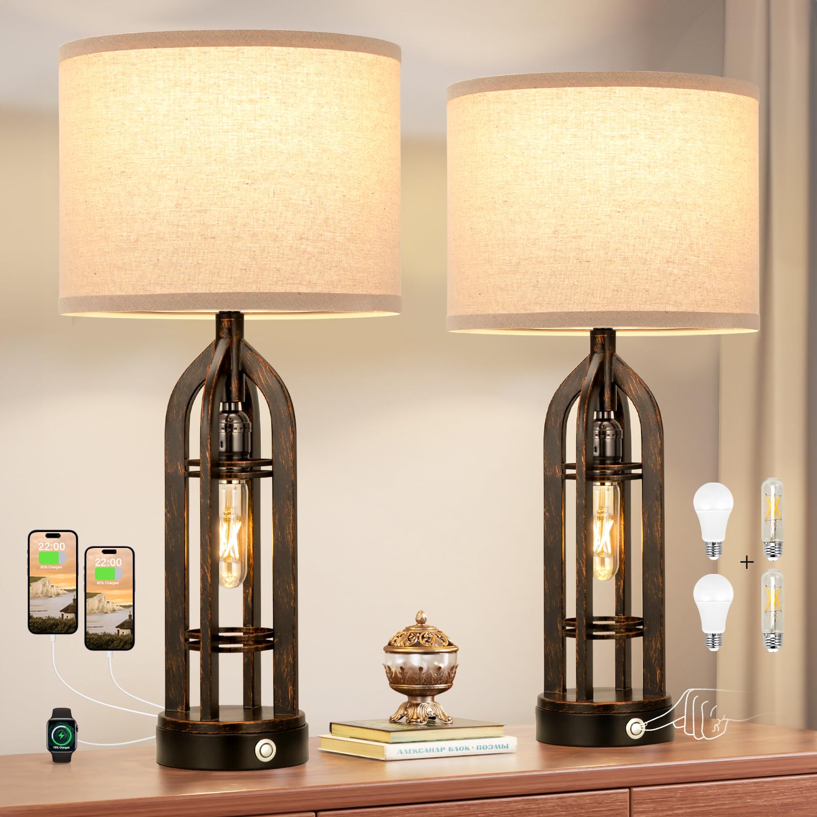 Seealle Table Lamp for Living Room Set of 2 - Bedside Lamp for Bedroom with C+A & Outlet, Farmhouse Lamps for Night Stands, 3-Wa
