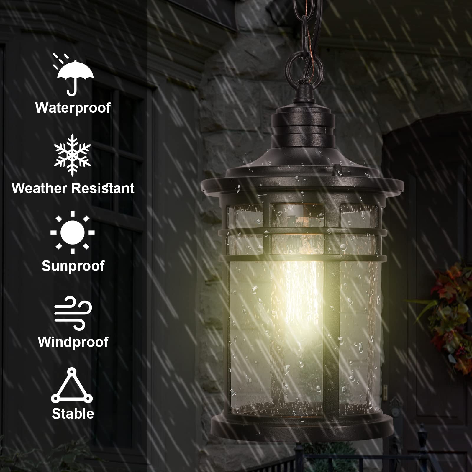 Darkaway Outdoor Pendant Lights, Aluminum, Medium Size, Black, Model 6X20H BK, Seeded Glass for Porch, Gazebo, Patio
