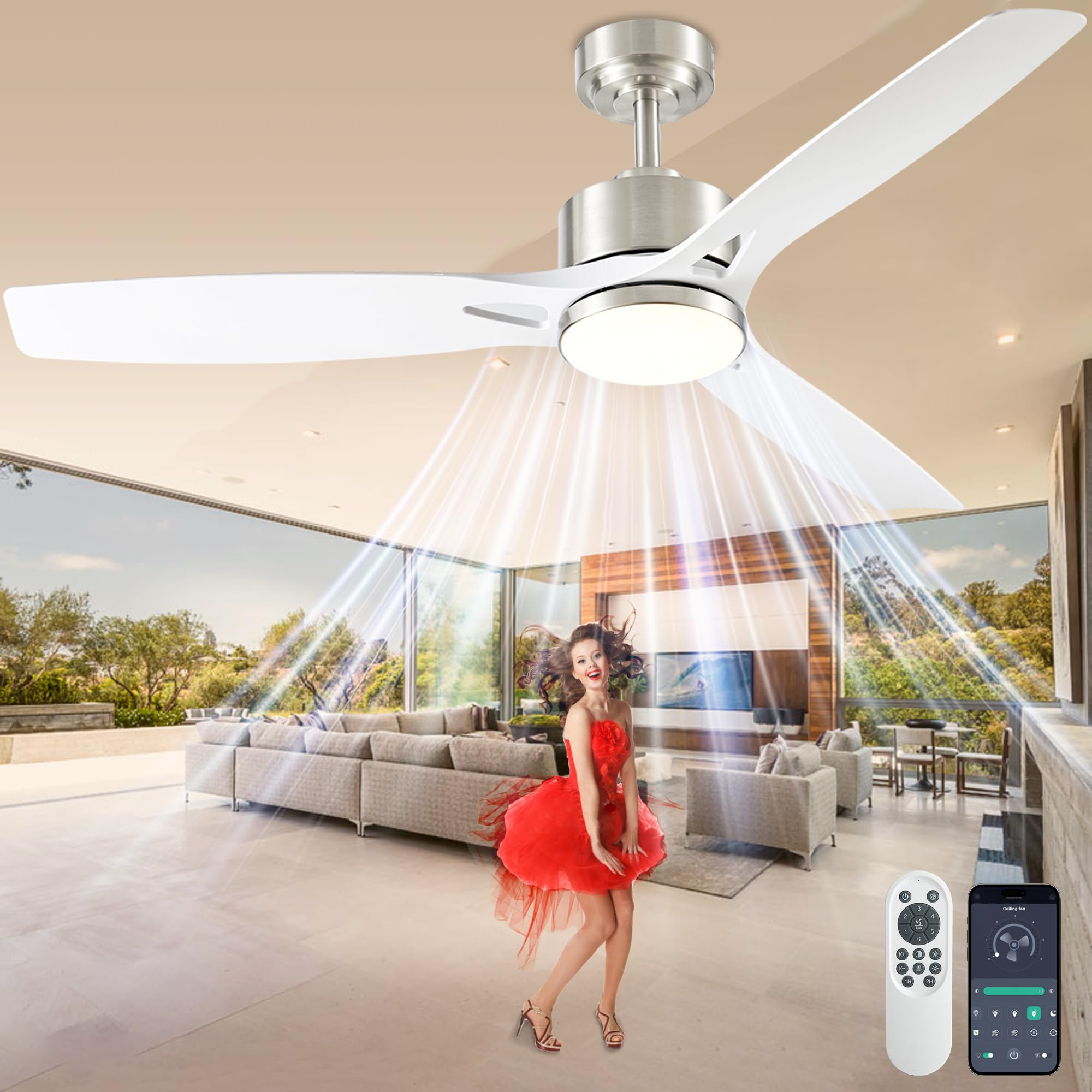Diamondforge 52 Inch Ceiling Fans With Lights And Remote Control - Outdoor Indoor Flush Mount Low Profile Silver White Ceiling Fans For Living Room Bedroom Patio