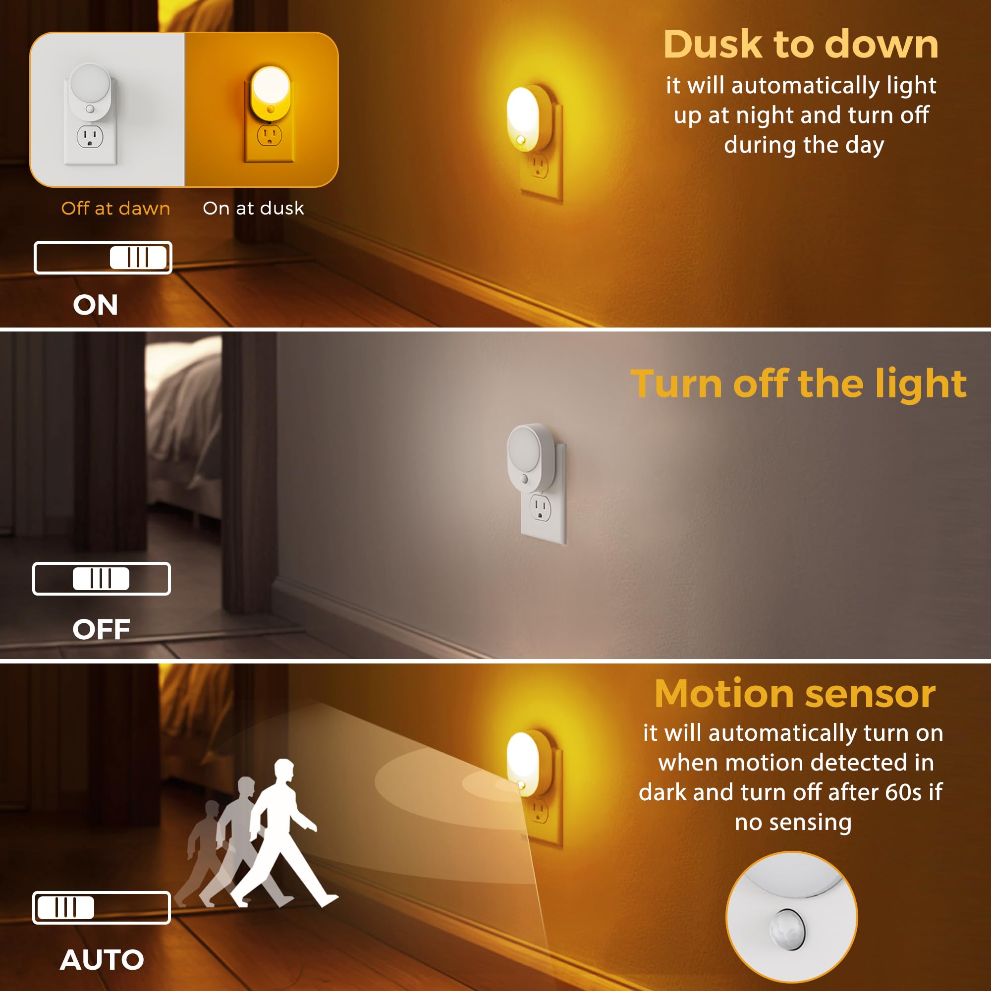 L Lohas Led Plug In Night Light With Motion Sensor And Dusk To Dawn Sensor,[4-Pack] Night Lights Plug Into Wall,2000K Amber Ligh